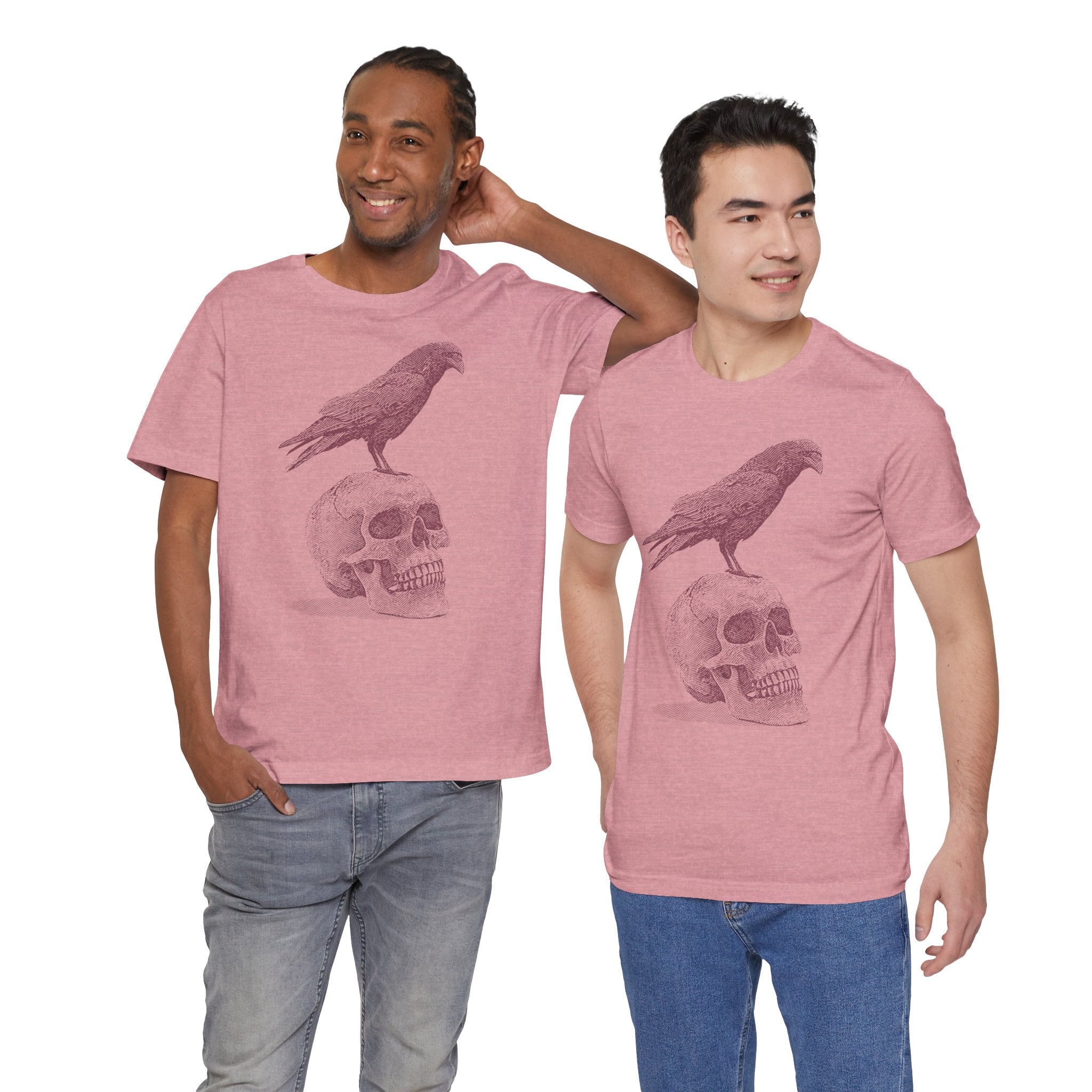 Crow on Skull Woodcut Design T-Shirt | Gothic Art Graphic Tee - Deez Teez