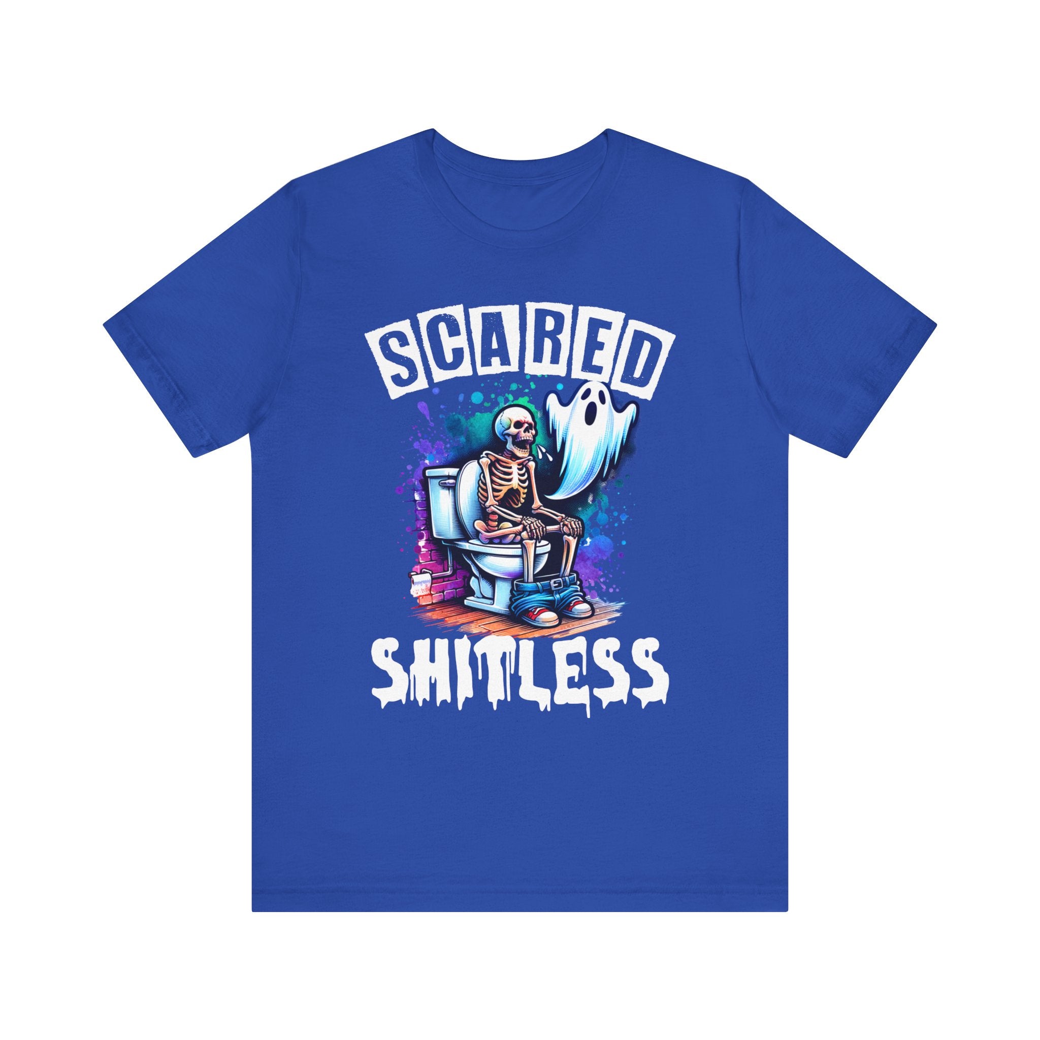 Scared Shitless Tee | Skeleton On the Toilet | Dad Humor Pun T-Shirt - Deez Teez