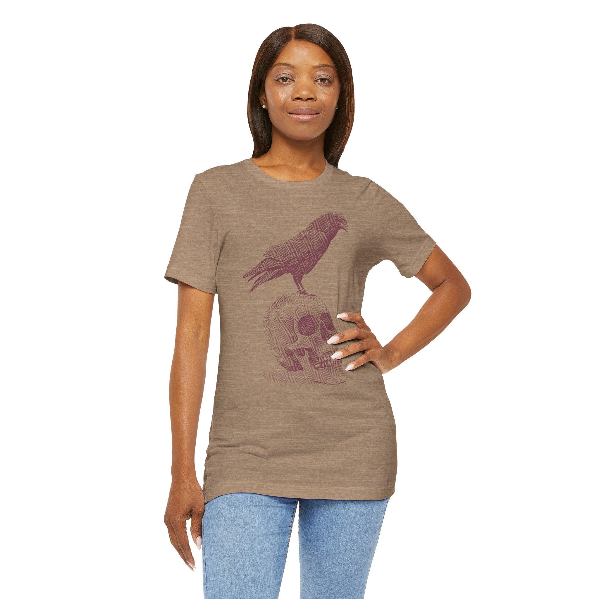 Crow on Skull Woodcut Design T-Shirt | Gothic Art Graphic Tee - Deez Teez