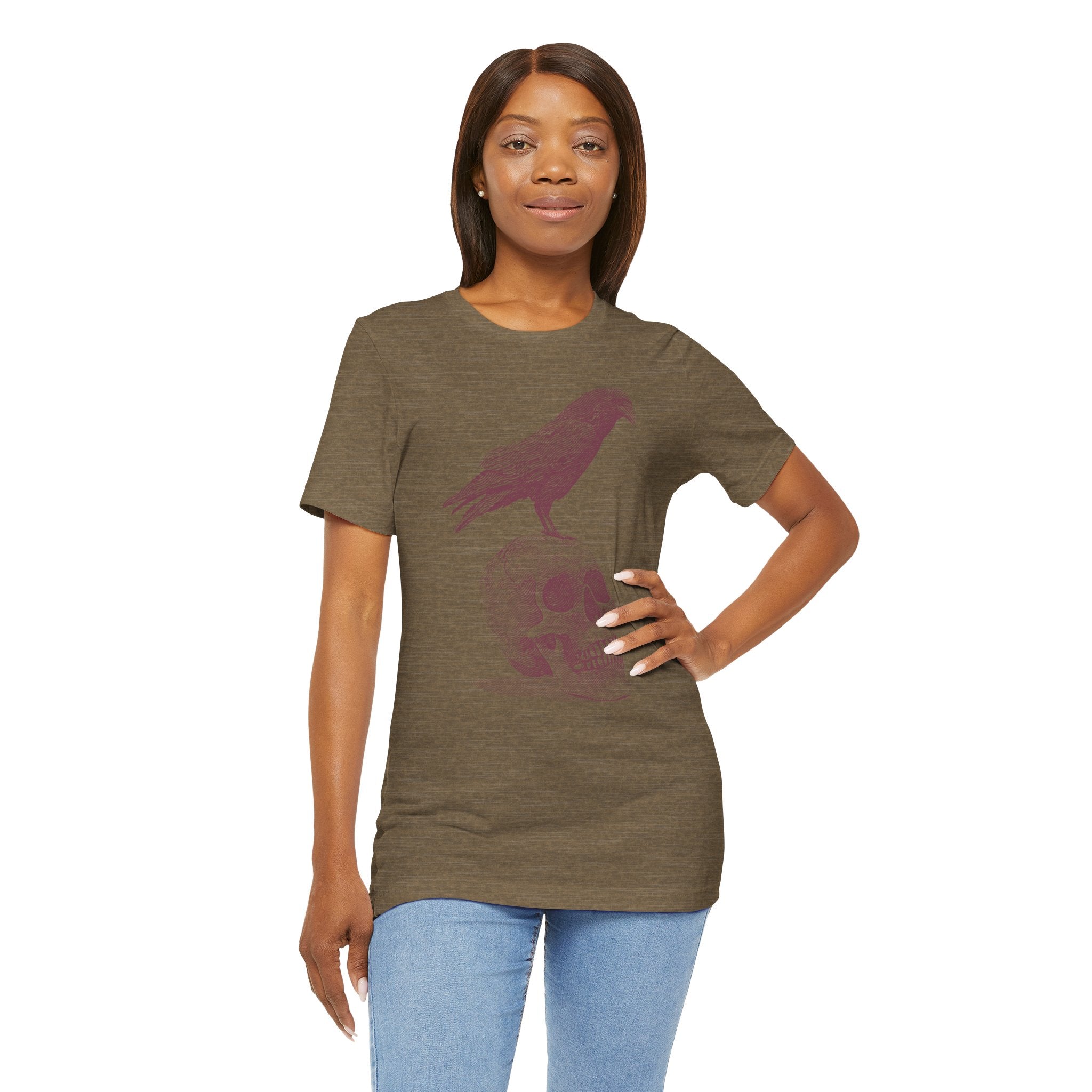 Crow on Skull Woodcut Design T-Shirt | Gothic Art Graphic Tee - Deez Teez