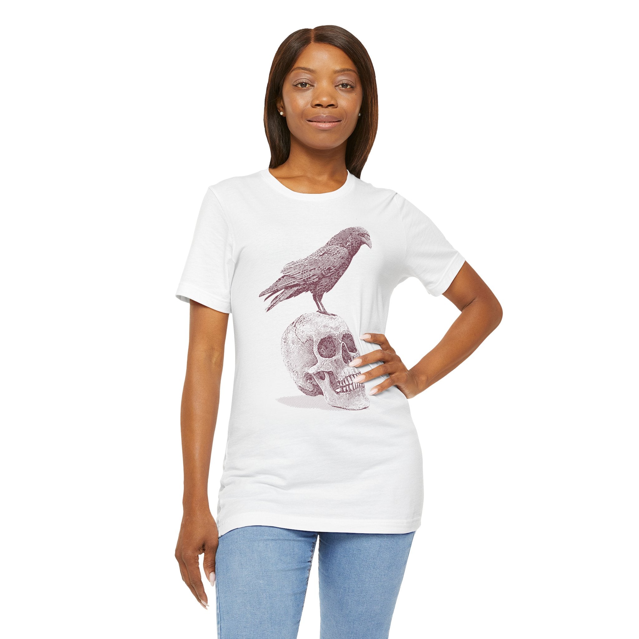 Crow on Skull Woodcut Design T-Shirt | Gothic Art Graphic Tee - Deez Teez