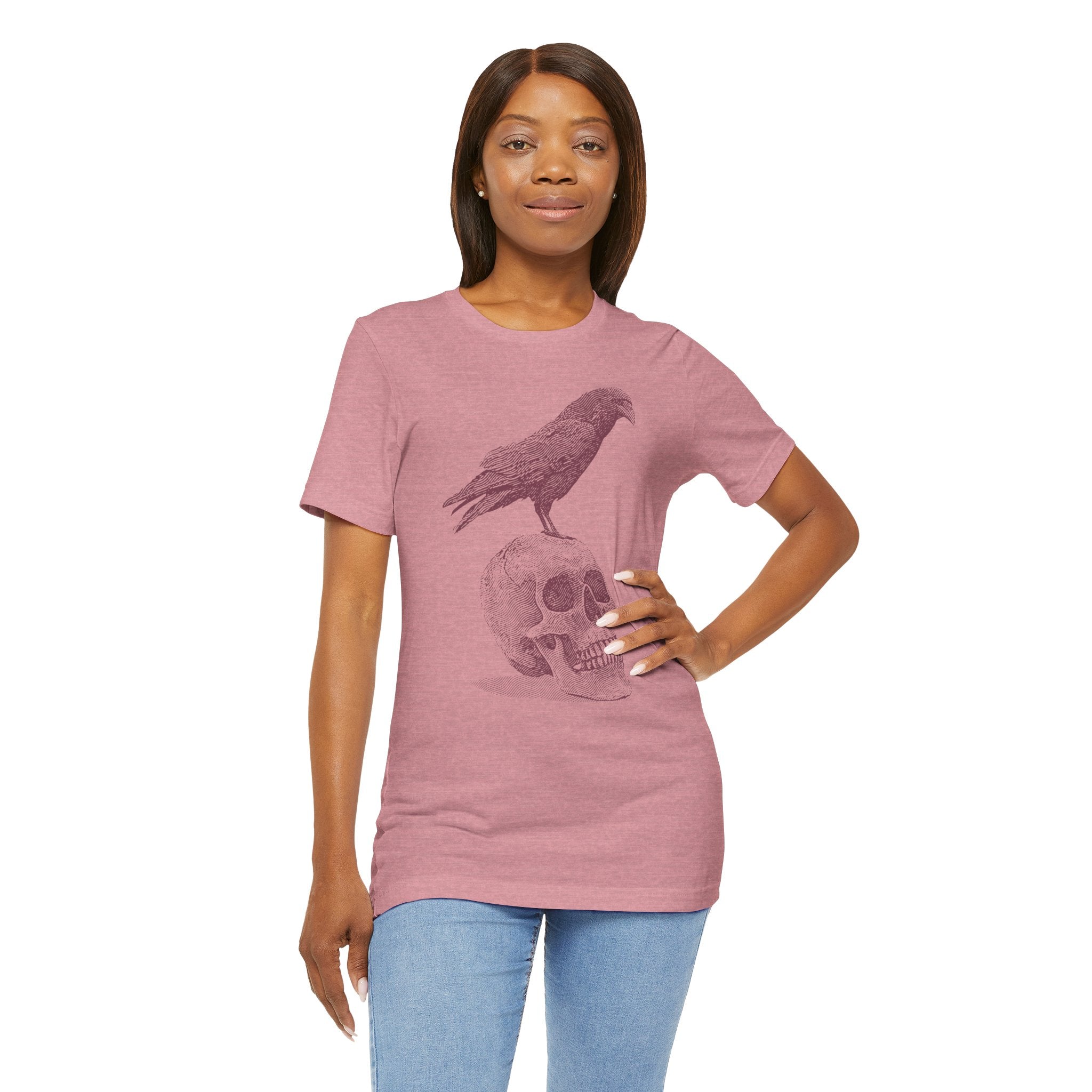 Crow on Skull Woodcut Design T-Shirt | Gothic Art Graphic Tee - Deez Teez