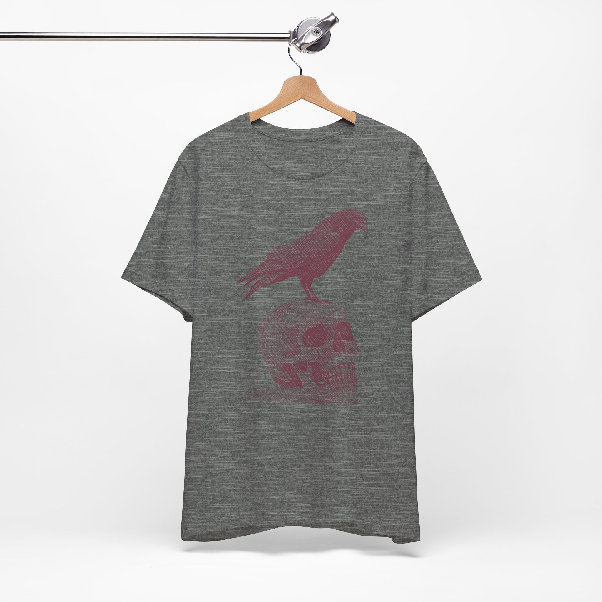 Crow on Skull Woodcut Design T-Shirt | Gothic Art Graphic Tee - Deez Teez