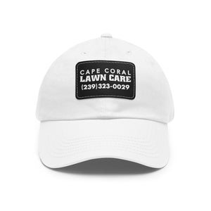 Cape Coral Lawn Care Logo Text White Dad Hat with Leather Patch (Rectangle) - Deez Teez