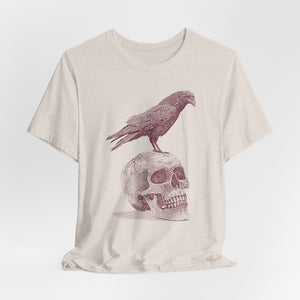 Crow on Skull Woodcut Design T-Shirt | Gothic Art Graphic Tee - Deez Teez