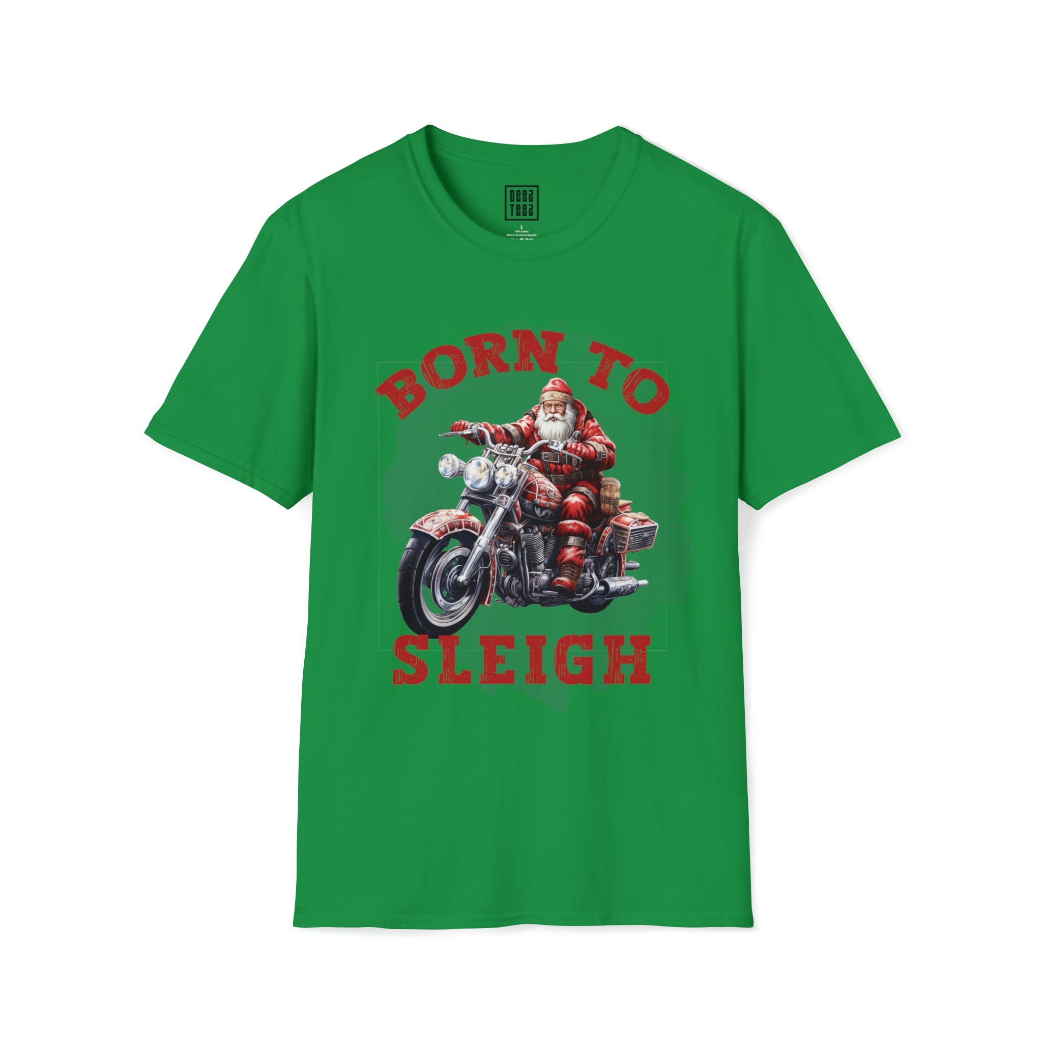 Santa on a Motorcycle T-Shirt | "Born to Sleigh" | Cool Christmas Graphic Shirt | Celebrate the Holidays with Style - Deez Teez