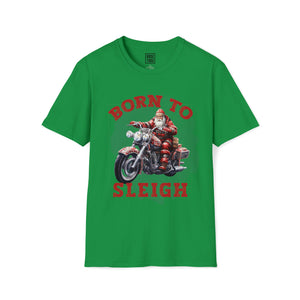 Santa on a Motorcycle T-Shirt | "Born to Sleigh" | Cool Christmas Graphic Shirt | Celebrate the Holidays with Style - Deez Teez