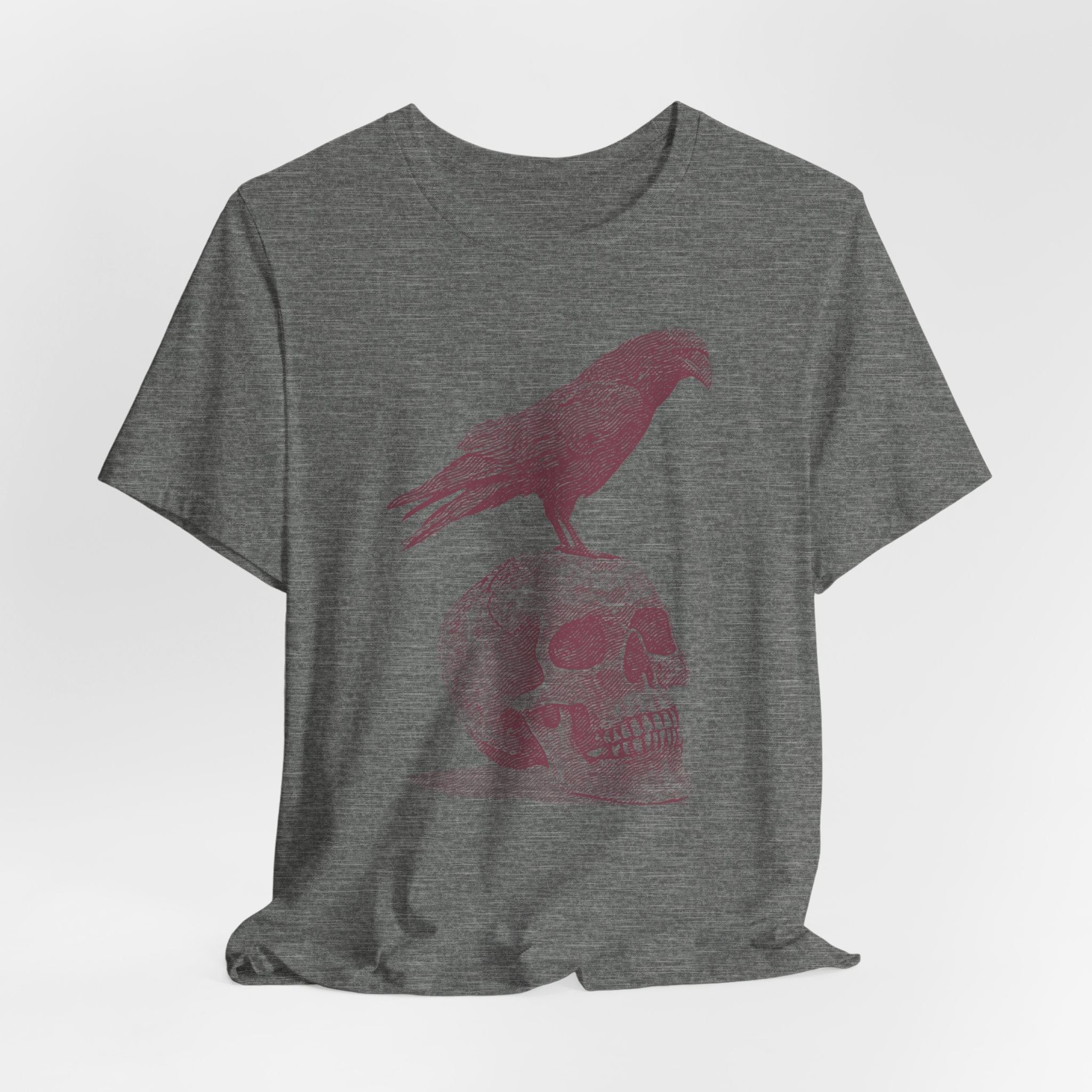 Crow on Skull Woodcut Design T-Shirt | Gothic Art Graphic Tee - Deez Teez