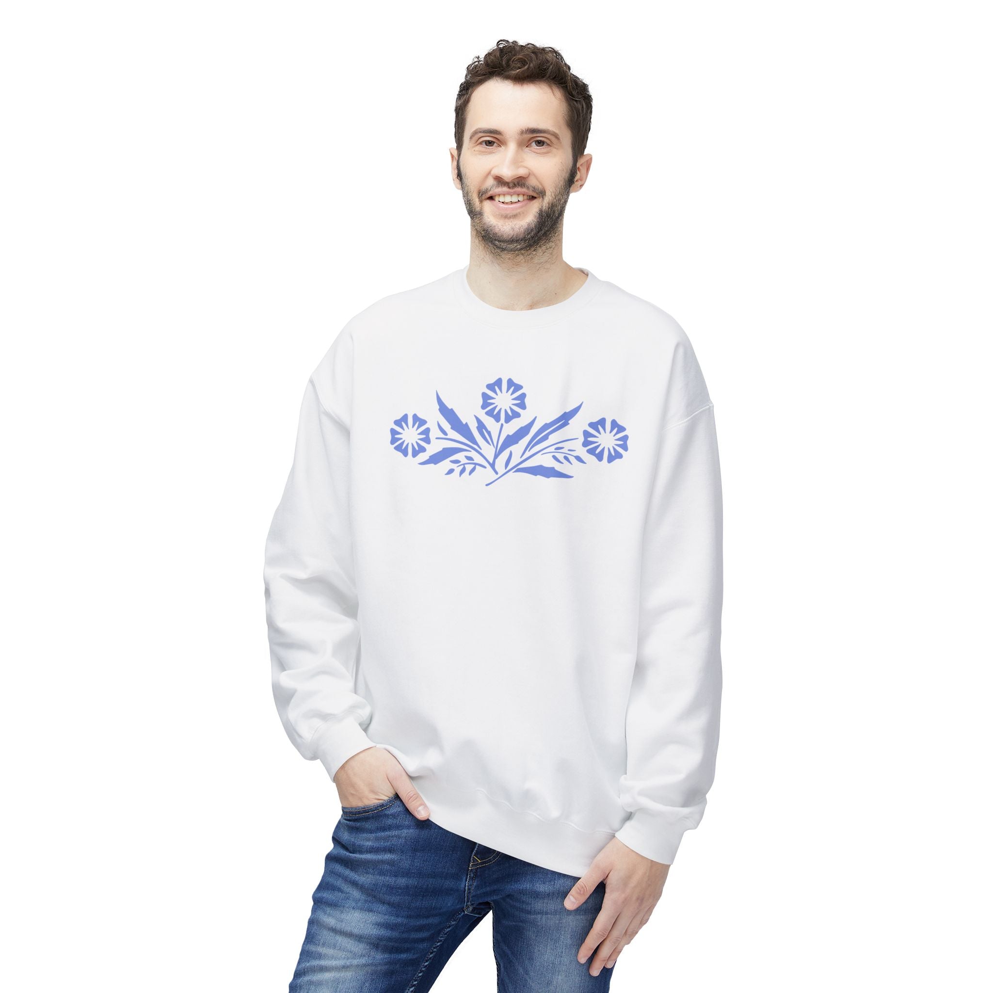 Vintage Corningware-Inspired Crewneck Sweatshirt | Retro Blue Cornflower Dish Design - Deez Teez