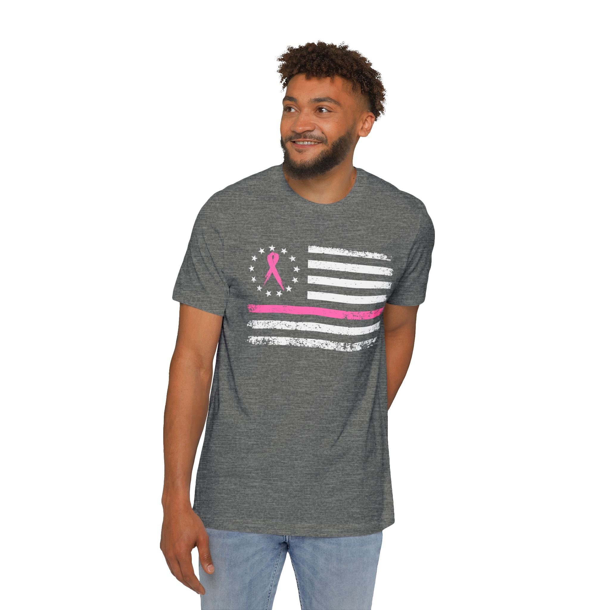 US Flag Pink Stripe Breast Cancer Awareness Support T-Shirt | Think Pink Line Graphic Tee - Deez Teez