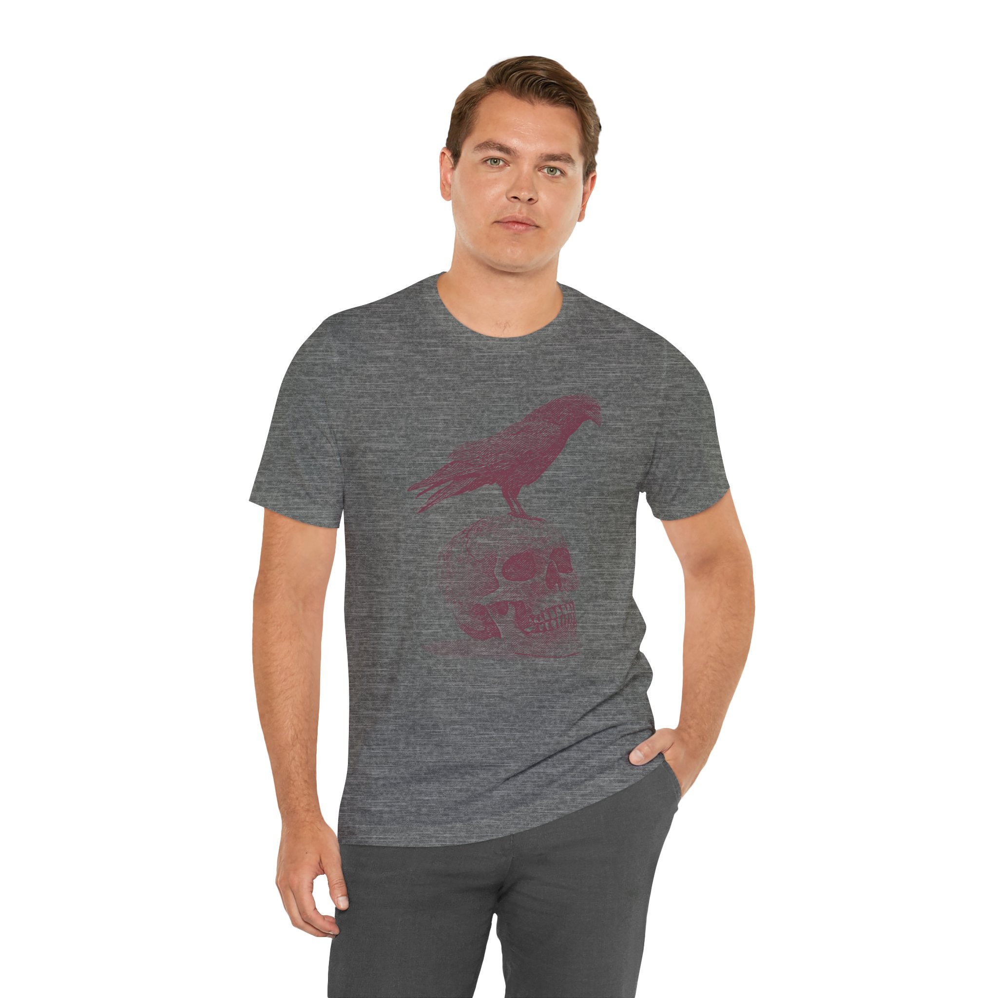Crow on Skull Woodcut Design T-Shirt | Gothic Art Graphic Tee - Deez Teez