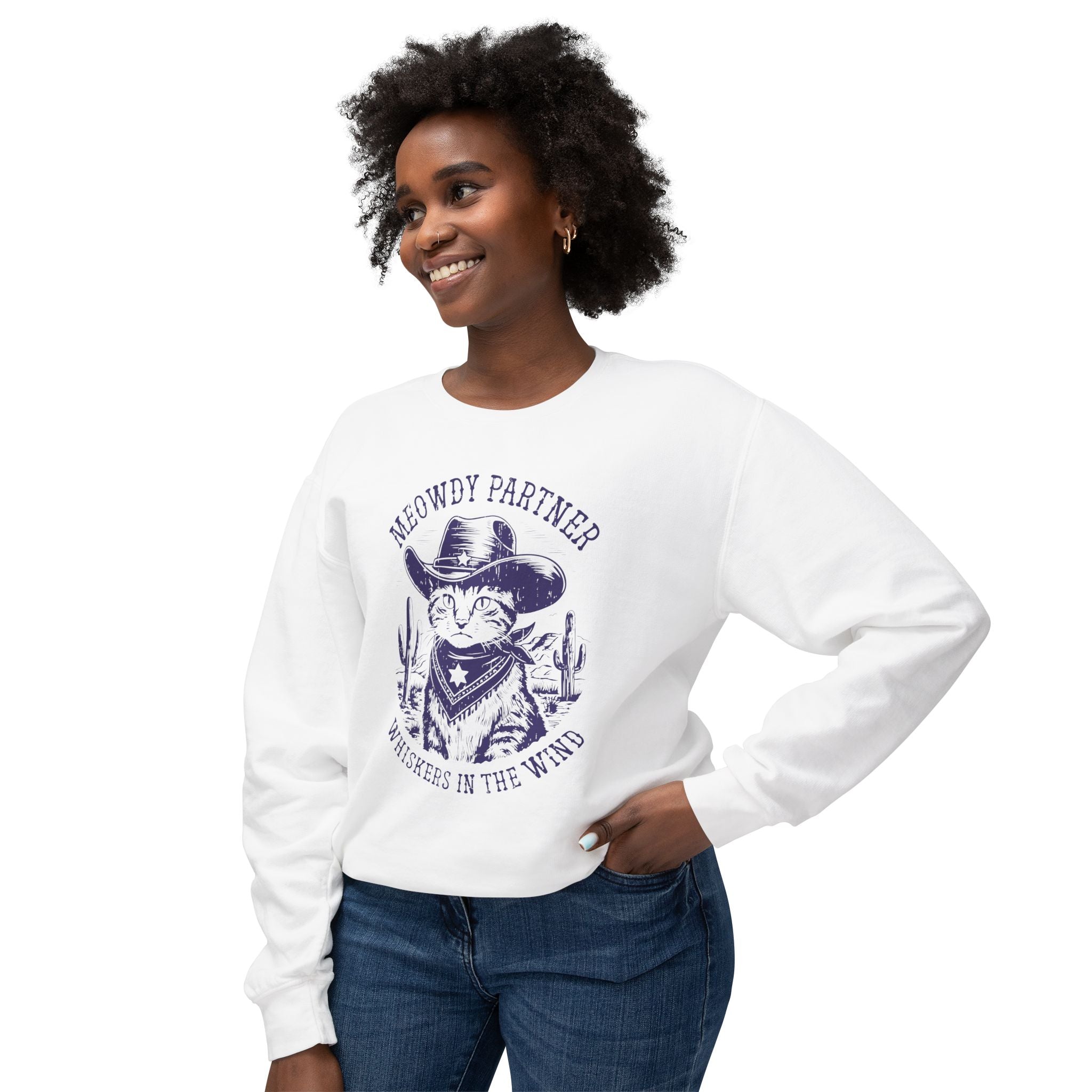 "Meowdy Partner - Whiskers in the Wind" Cowboy Western Theme Cat Lover Rodeo Design Sweatshirt - Deez Teez
