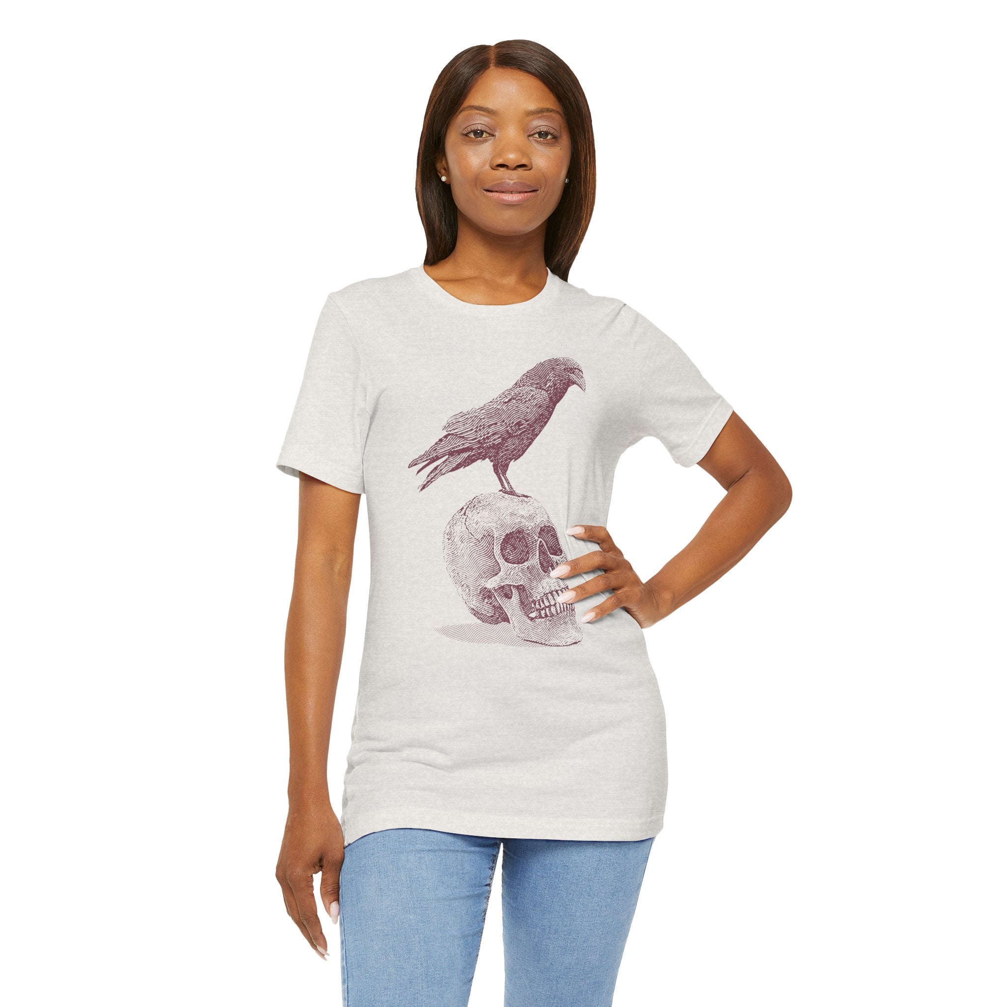 Crow on Skull Woodcut Design T-Shirt | Gothic Art Graphic Tee - Deez Teez