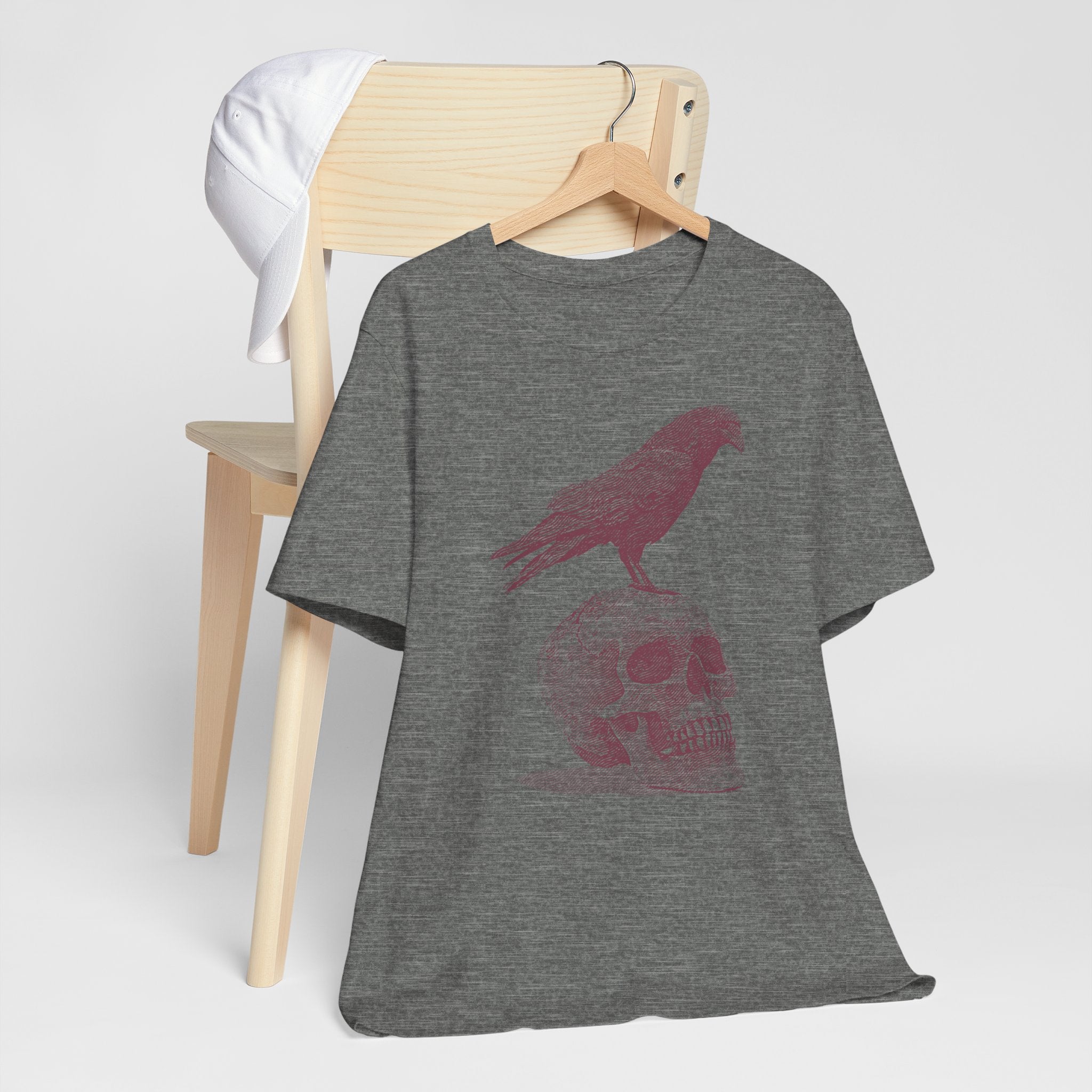 Crow on Skull Woodcut Design T-Shirt | Gothic Art Graphic Tee - Deez Teez
