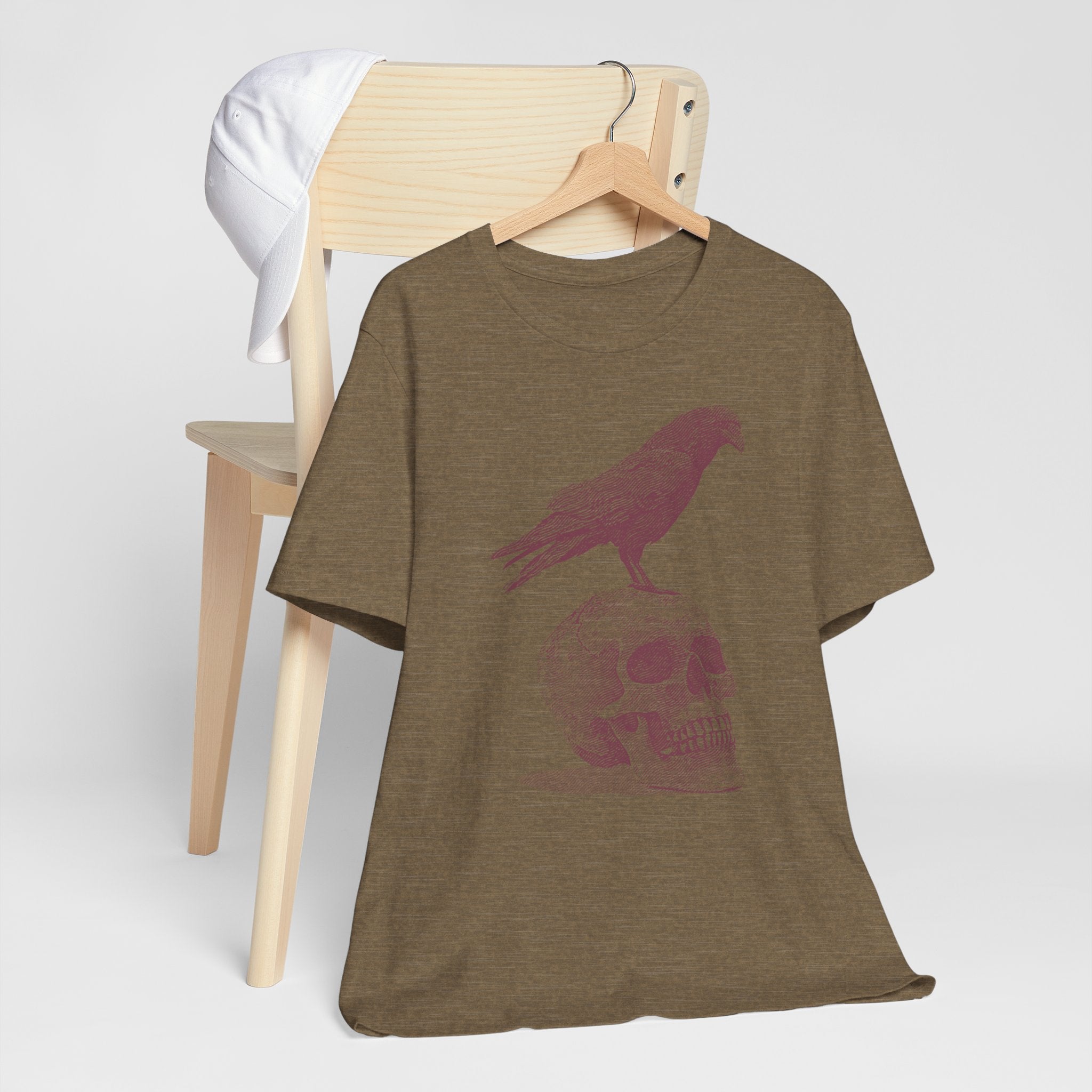 Crow on Skull Woodcut Design T-Shirt | Gothic Art Graphic Tee - Deez Teez