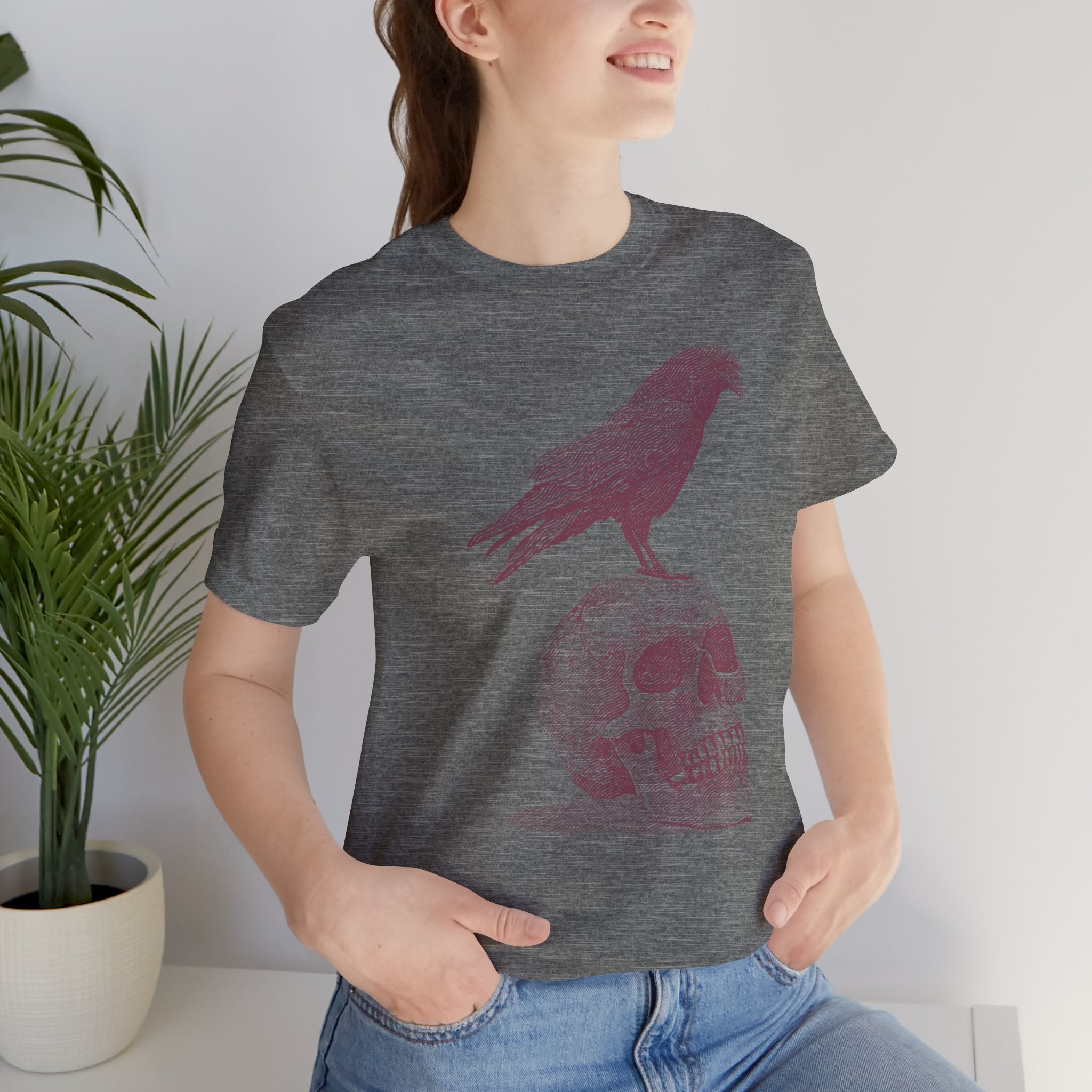Crow on Skull Woodcut Design T-Shirt | Gothic Art Graphic Tee - Deez Teez