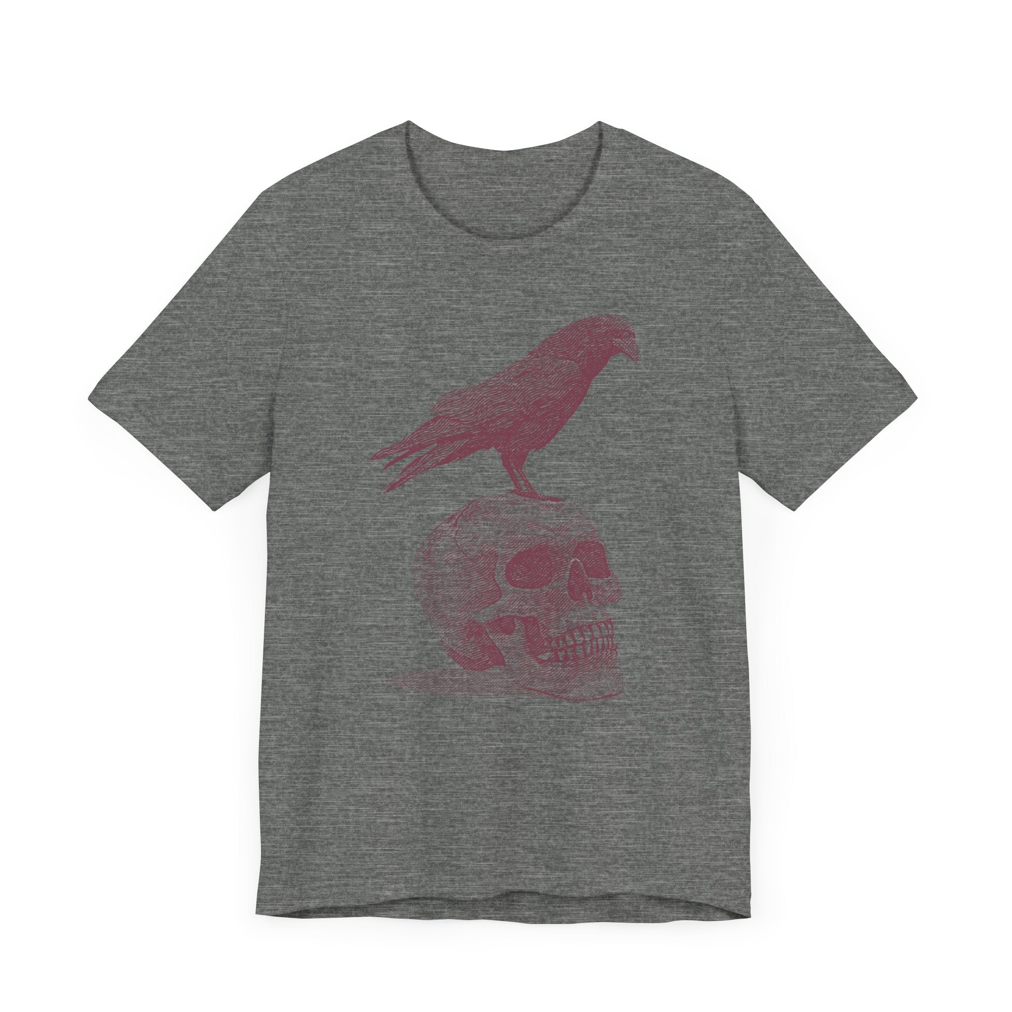 Crow on Skull Woodcut Design T-Shirt | Gothic Art Graphic Tee - Deez Teez