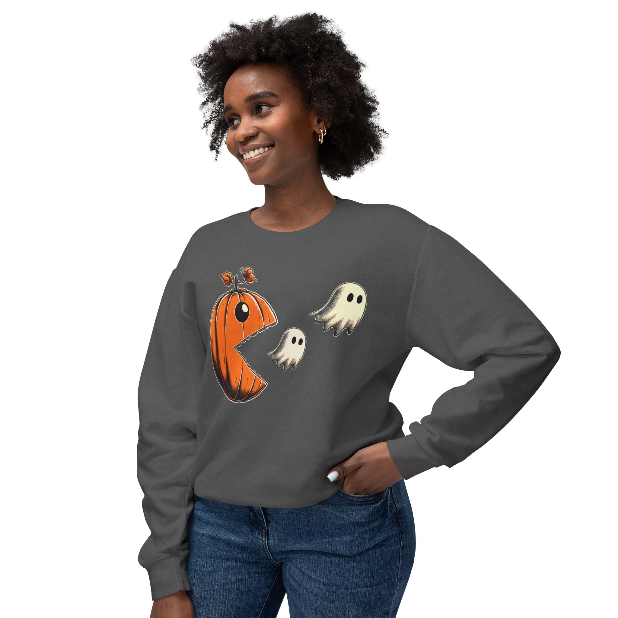 Pumpkin Pac-Man Chase Halloween Sweatshirt | Iconic Video Game Fall Fashion - Deez Teez