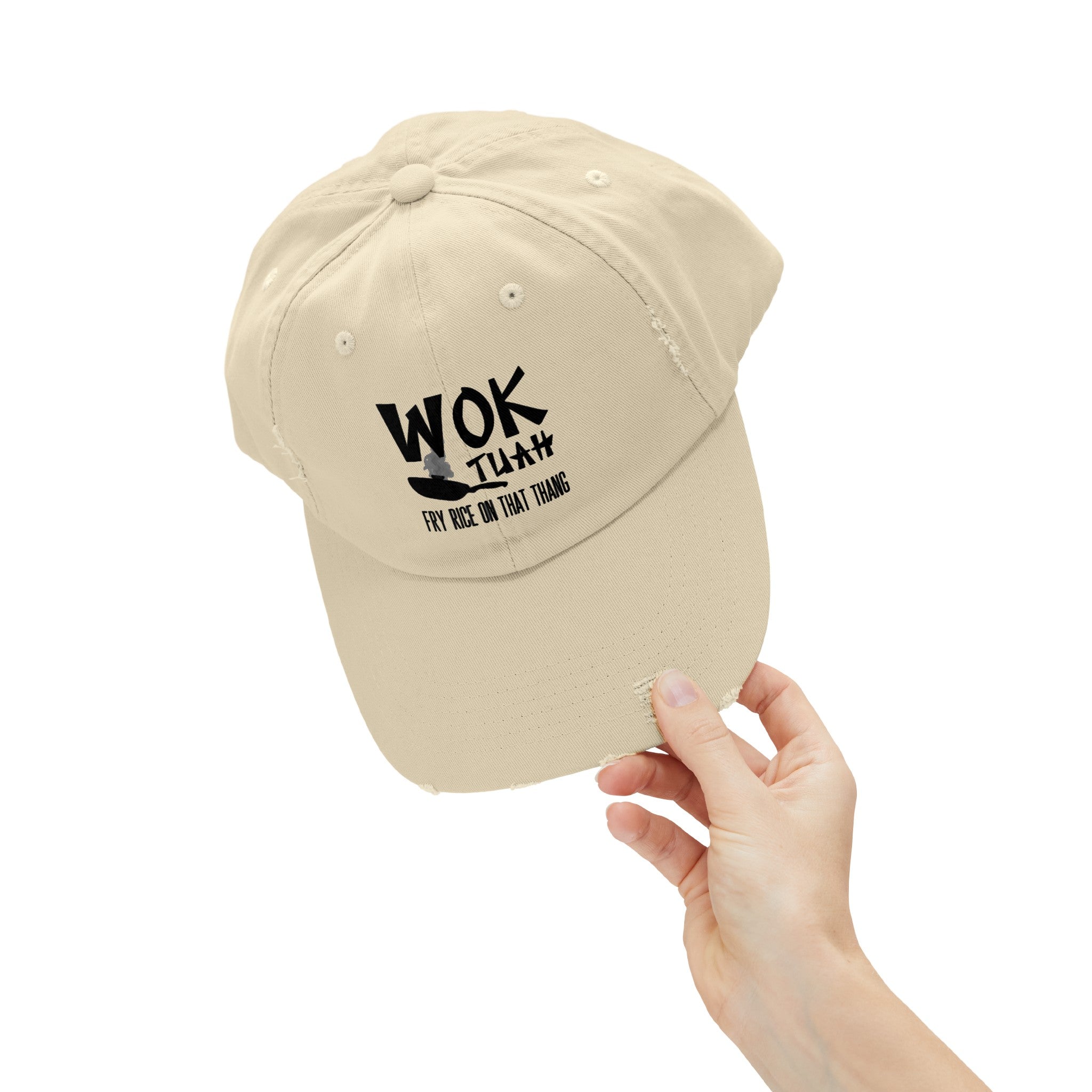 'Wok Tuah' Distressed Baseball Cap | Hawk Tuah Pun Food Meme Design - Deez Teez