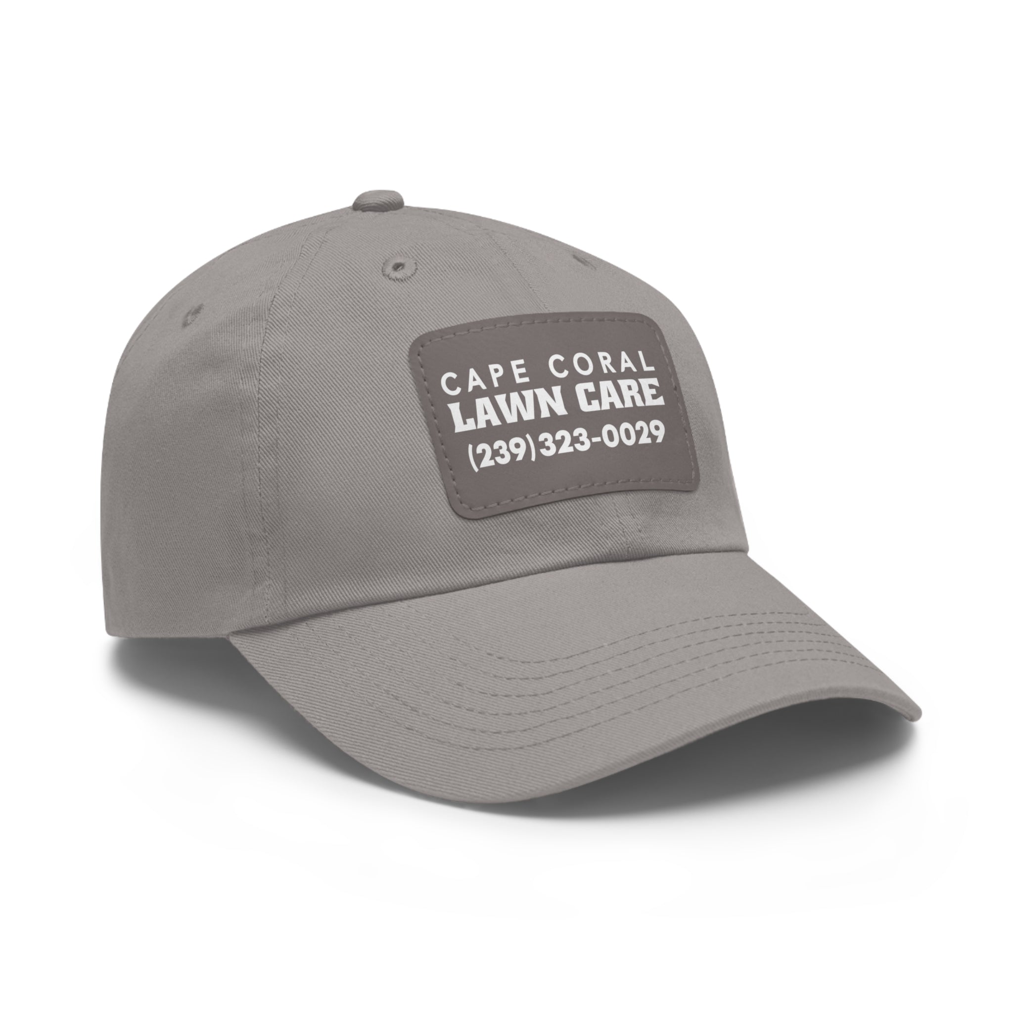 Cape Coral Lawn Care Logo Text White Dad Hat with Leather Patch (Rectangle) - Deez Teez