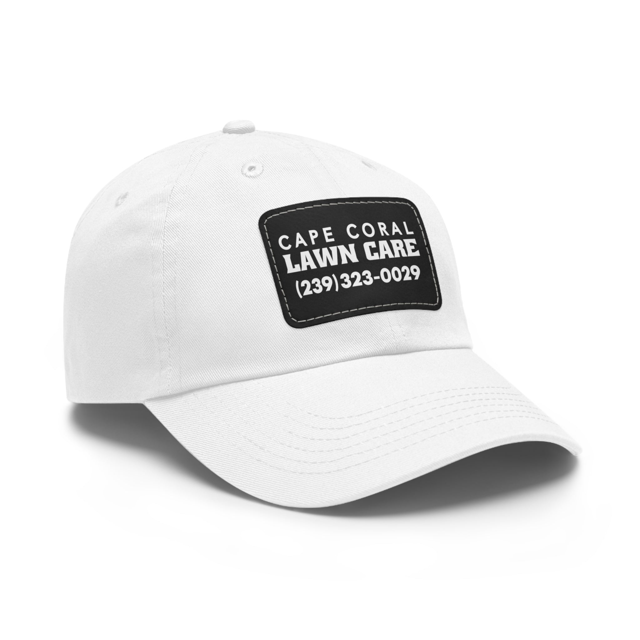 Cape Coral Lawn Care Logo Text White Dad Hat with Leather Patch (Rectangle) - Deez Teez