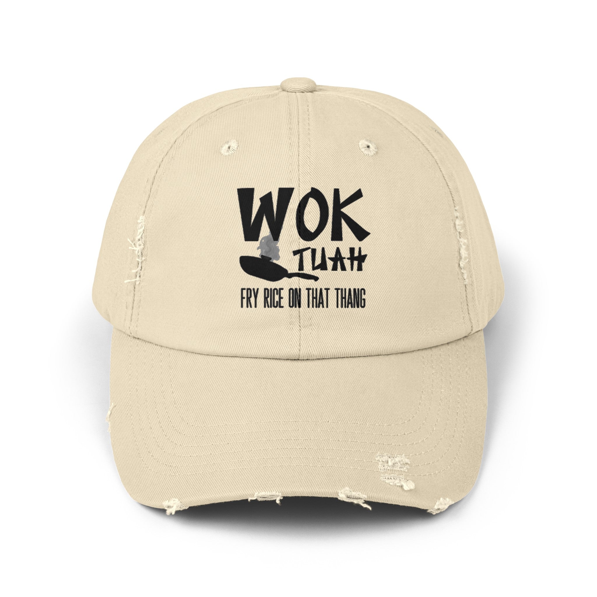 'Wok Tuah' Distressed Baseball Cap | Hawk Tuah Pun Food Meme Design - Deez Teez