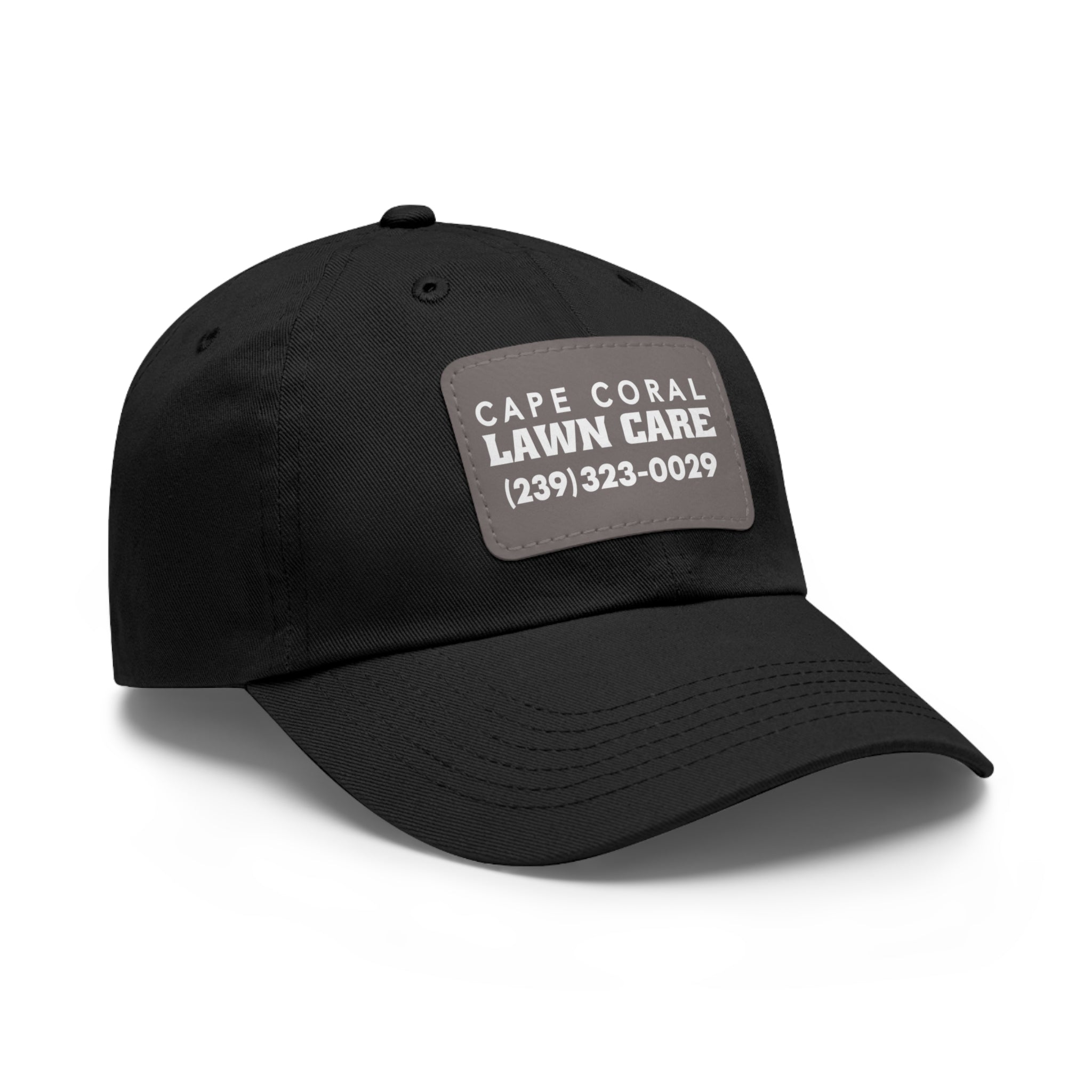 Cape Coral Lawn Care Logo Text White Dad Hat with Leather Patch (Rectangle) - Deez Teez