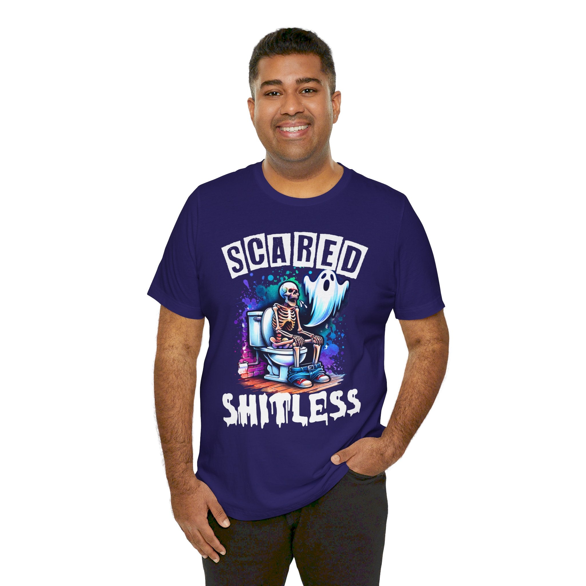 Scared Shitless Tee | Skeleton On the Toilet | Dad Humor Pun T-Shirt - Deez Teez