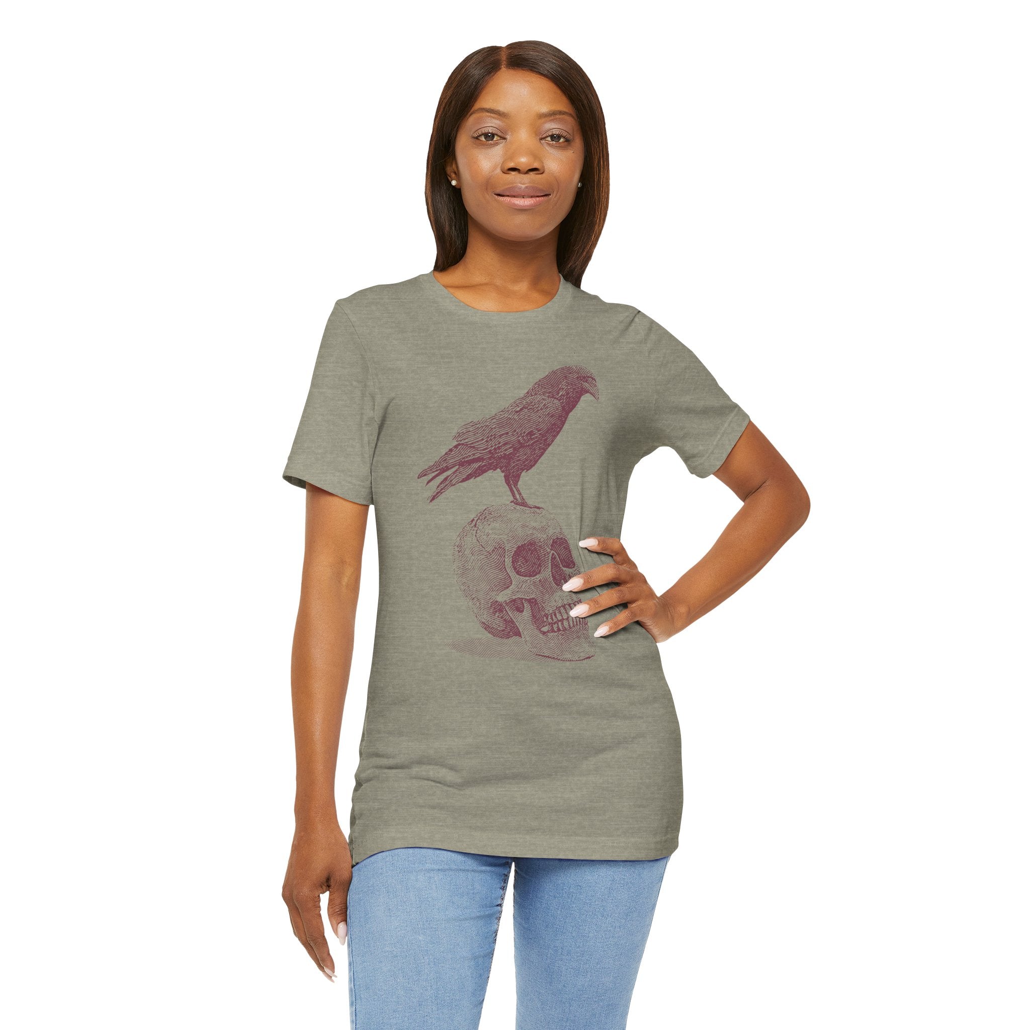 Crow on Skull Woodcut Design T-Shirt | Gothic Art Graphic Tee