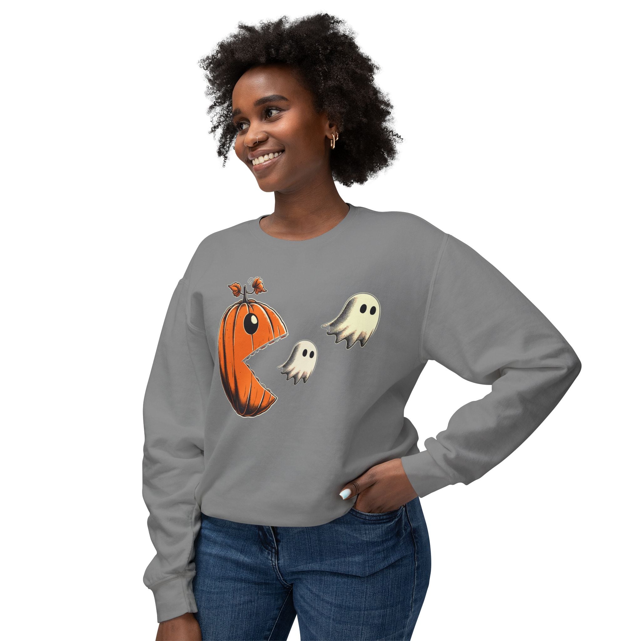 Pumpkin Pac-Man Chase Halloween Sweatshirt | Iconic Video Game Fall Fashion - Deez Teez