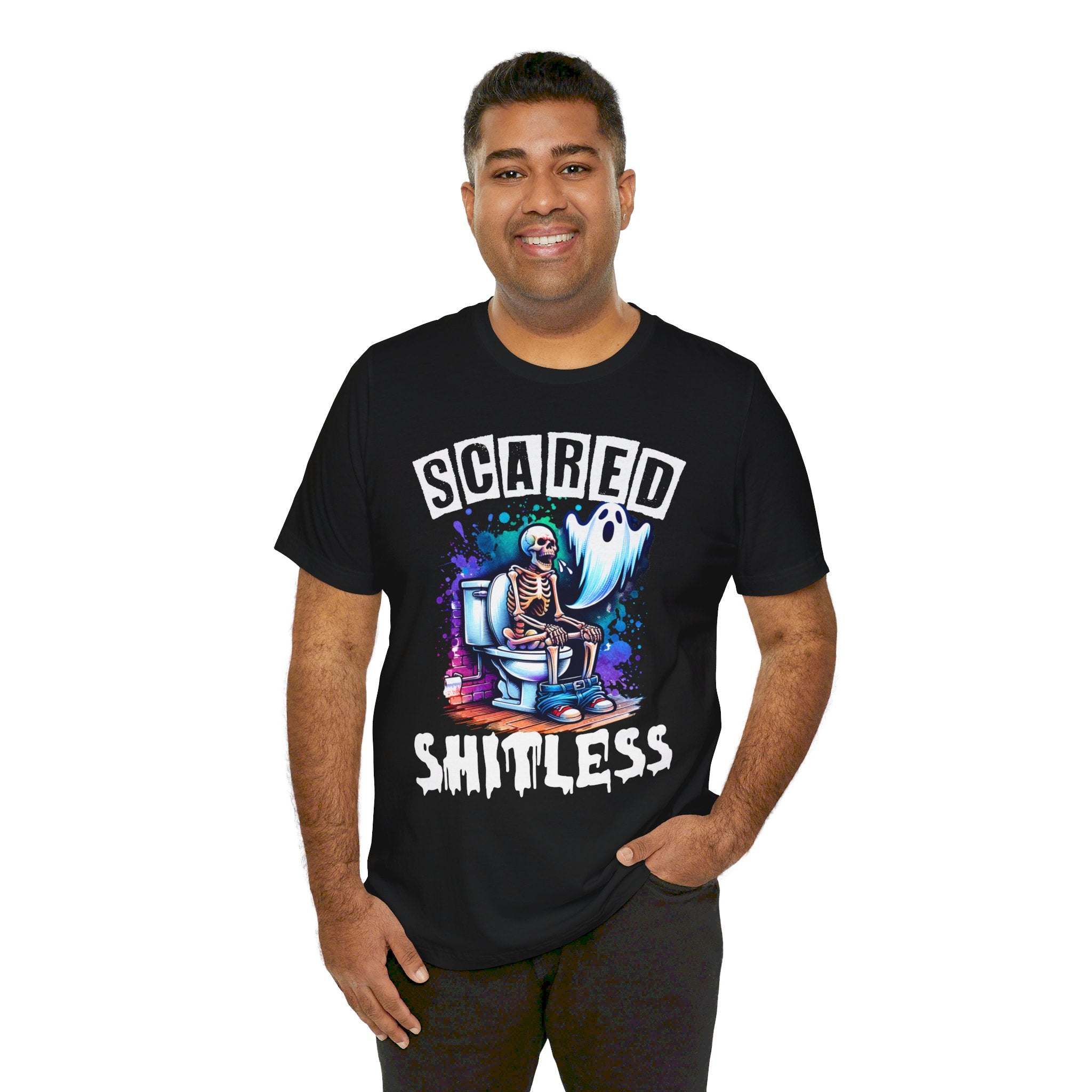 Scared Shitless Tee | Skeleton On the Toilet | Dad Humor Pun T-Shirt - Deez Teez