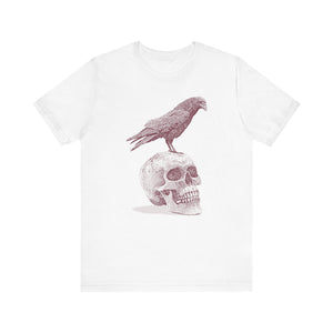 Crow on Skull Woodcut Design T-Shirt | Gothic Art Graphic Tee