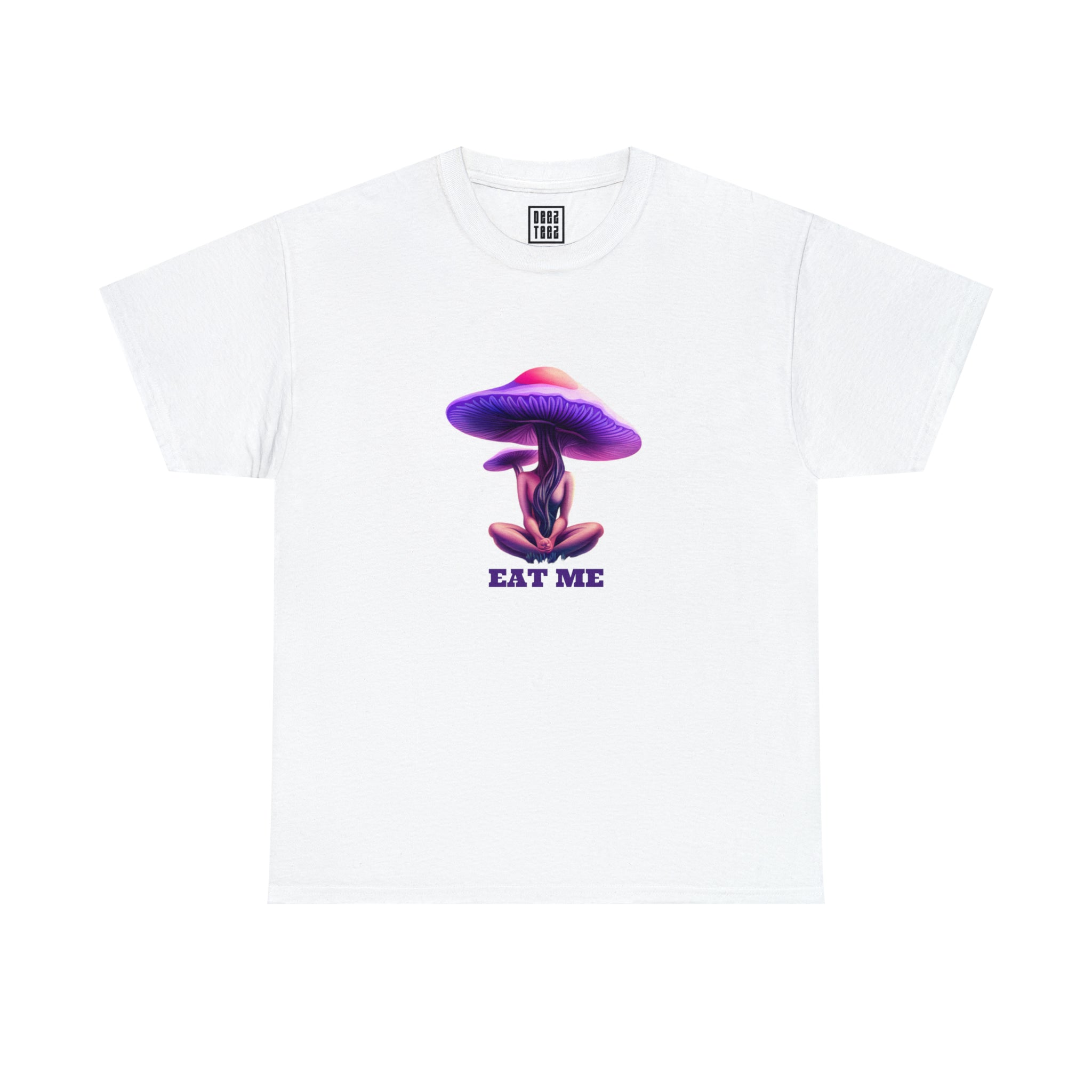 Psychedelic 'Eat Me' Mushroom Retro T-shirt | Surreal Mycology Art Tee - Deez Teez