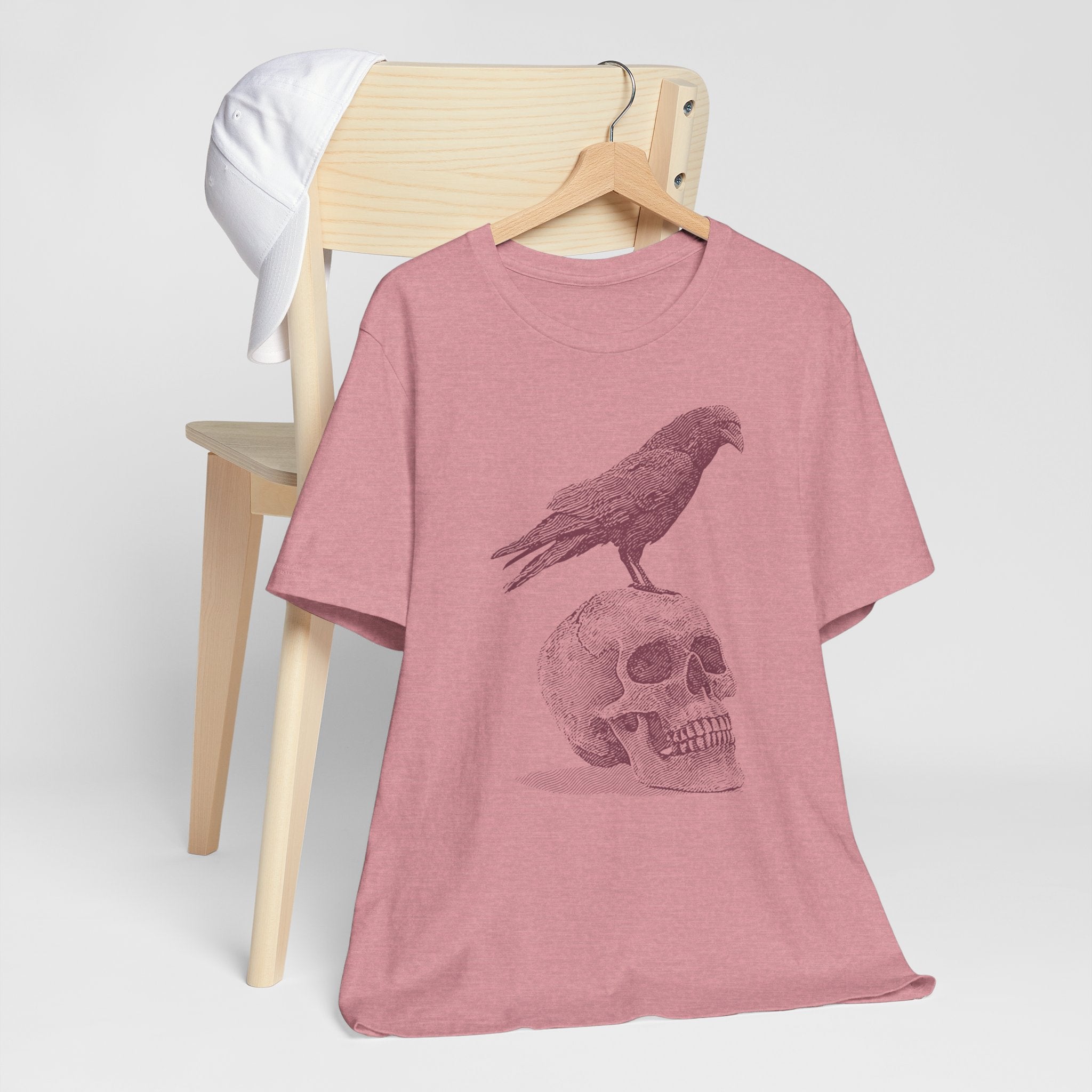 Crow on Skull Woodcut Design T-Shirt | Gothic Art Graphic Tee