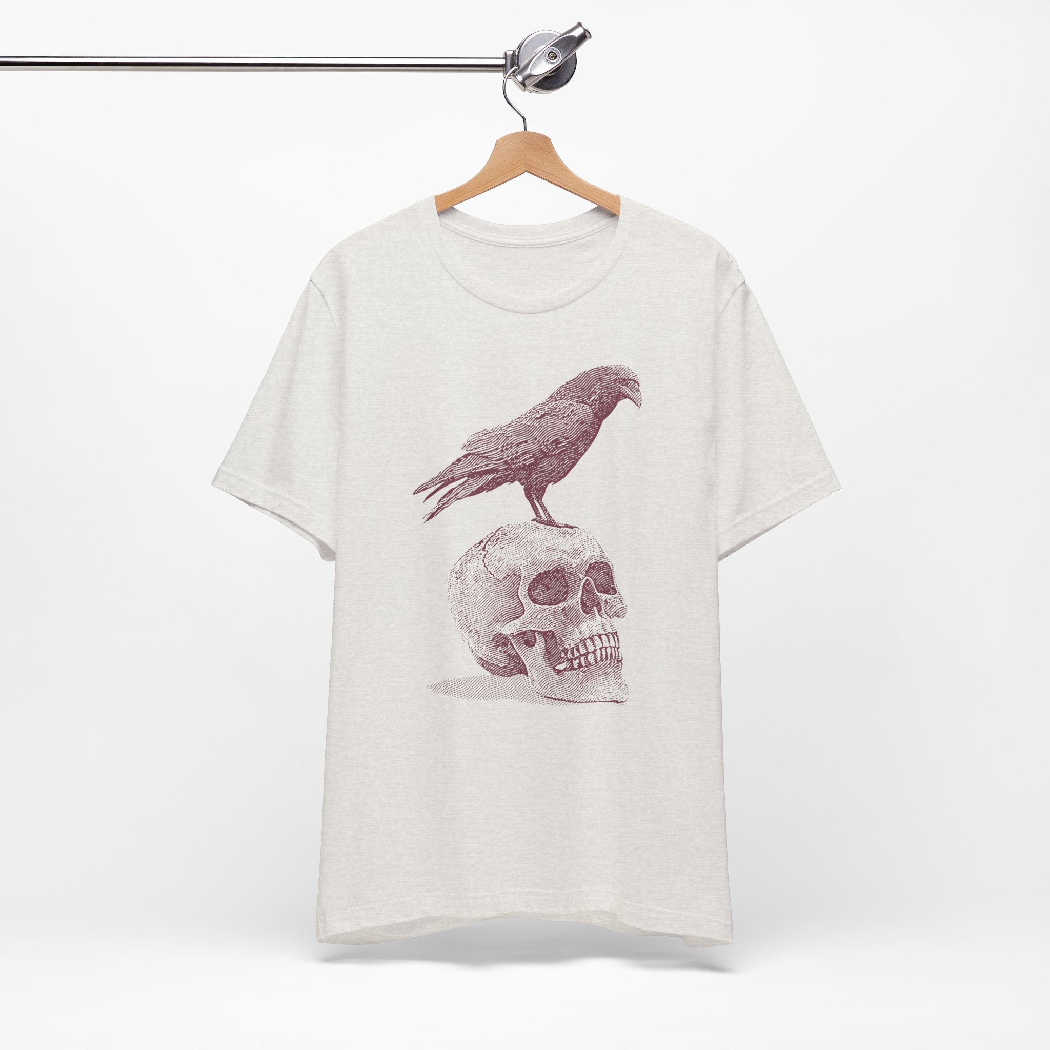 Crow on Skull Woodcut Design T-Shirt | Gothic Art Graphic Tee