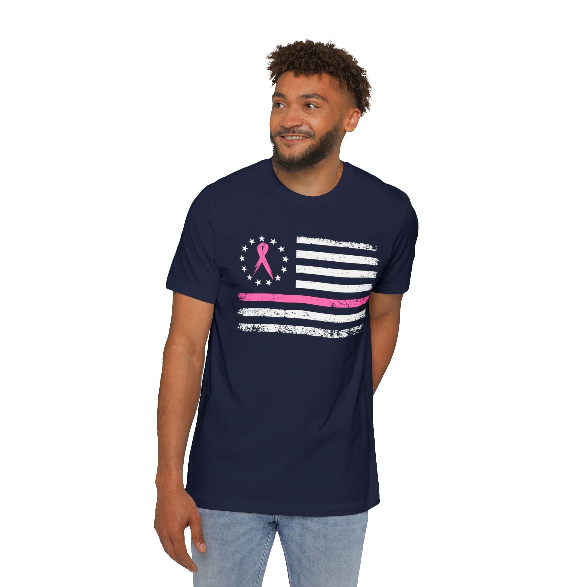 US Flag Pink Stripe Breast Cancer Awareness Support T-Shirt | Think Pink Line Graphic Tee - Deez Teez