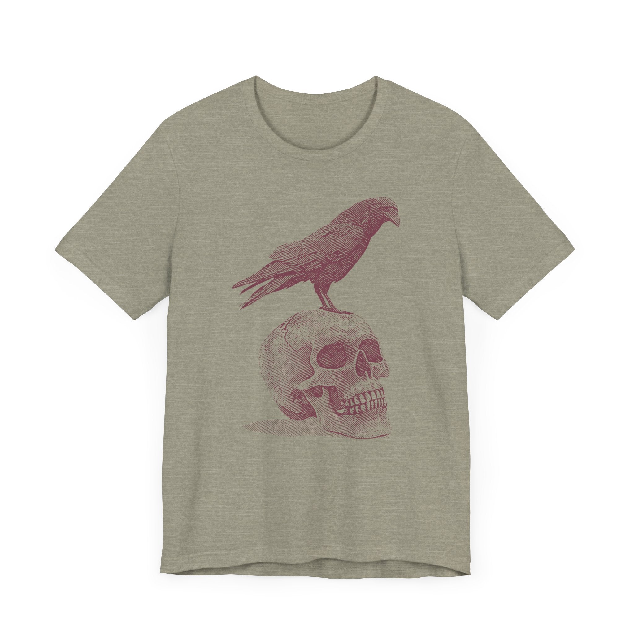 Crow on Skull Woodcut Design T-Shirt | Gothic Art Graphic Tee