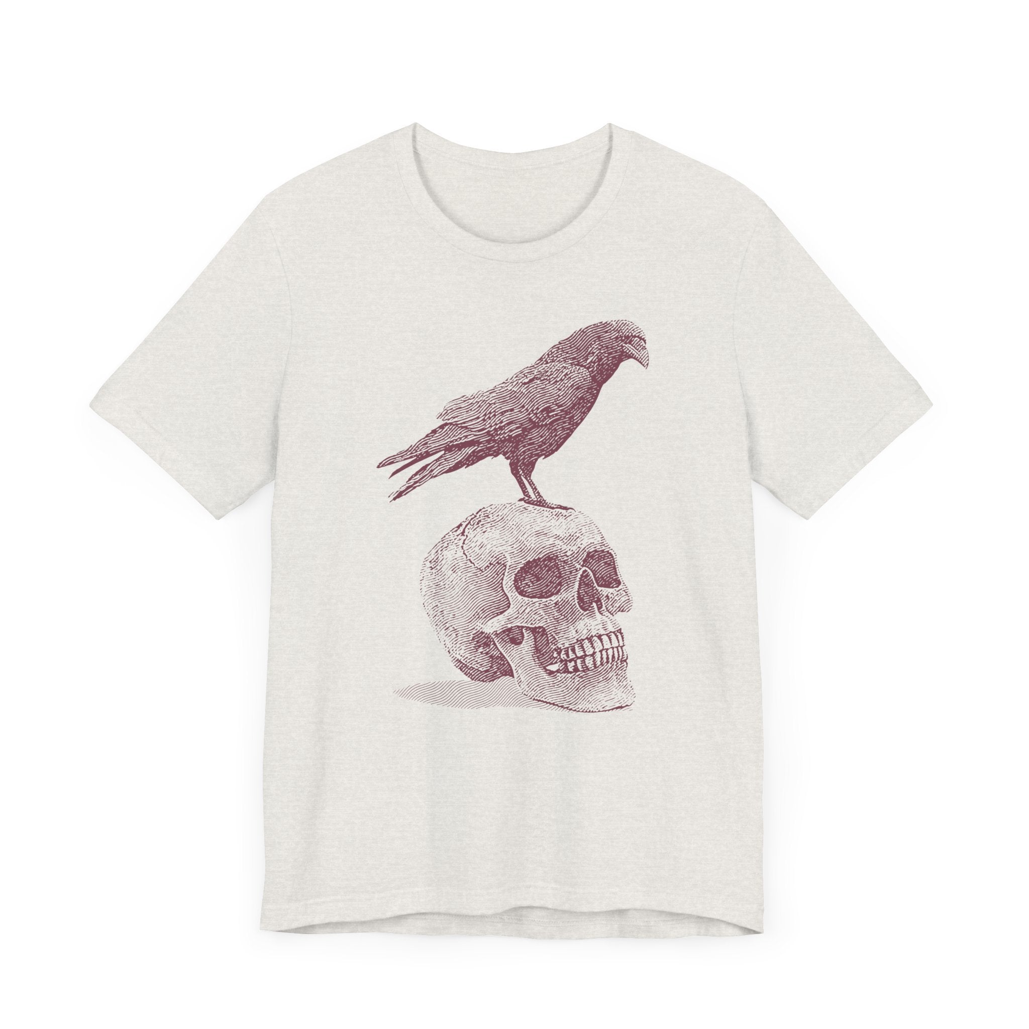 Crow on Skull Woodcut Design T-Shirt | Gothic Art Graphic Tee