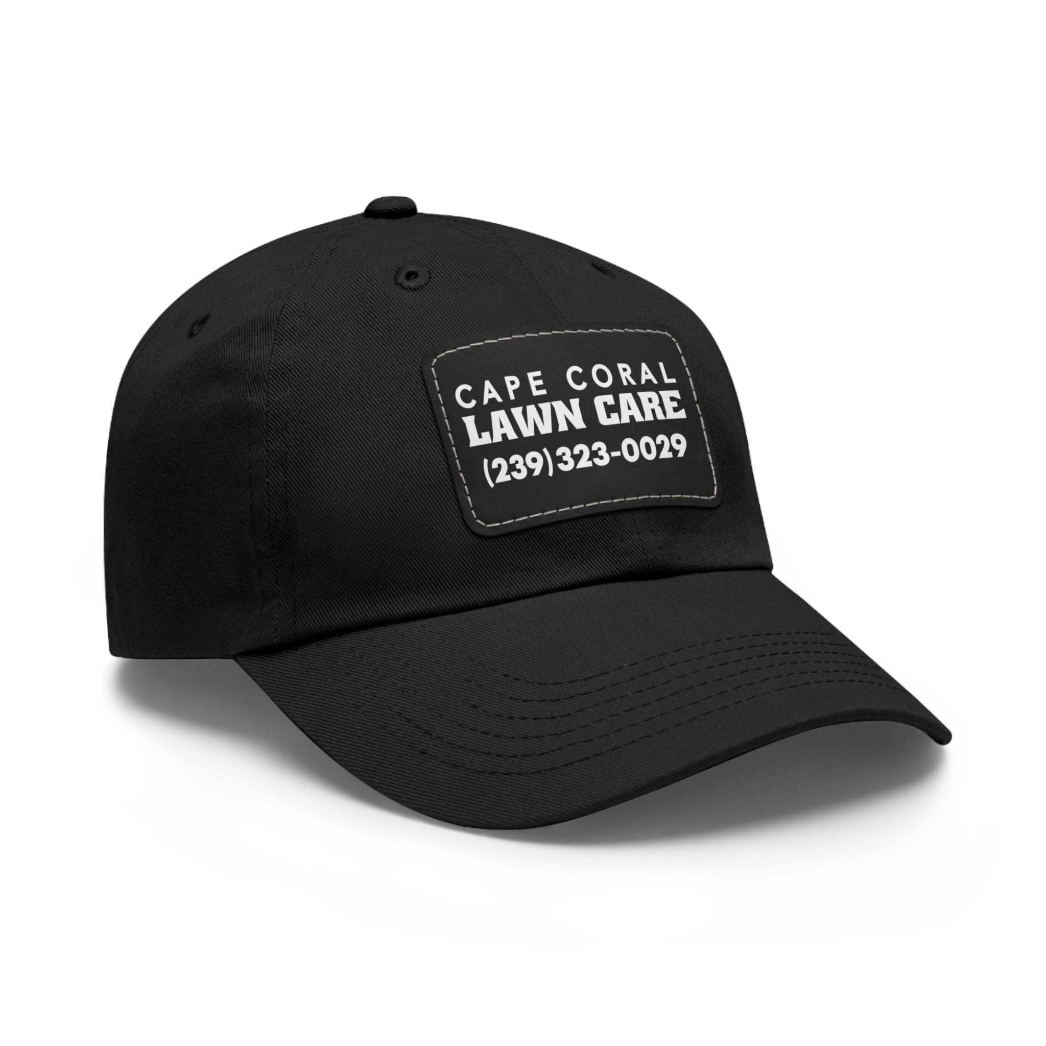 Cape Coral Lawn Care Logo Text White Dad Hat with Leather Patch (Rectangle) - Deez Teez