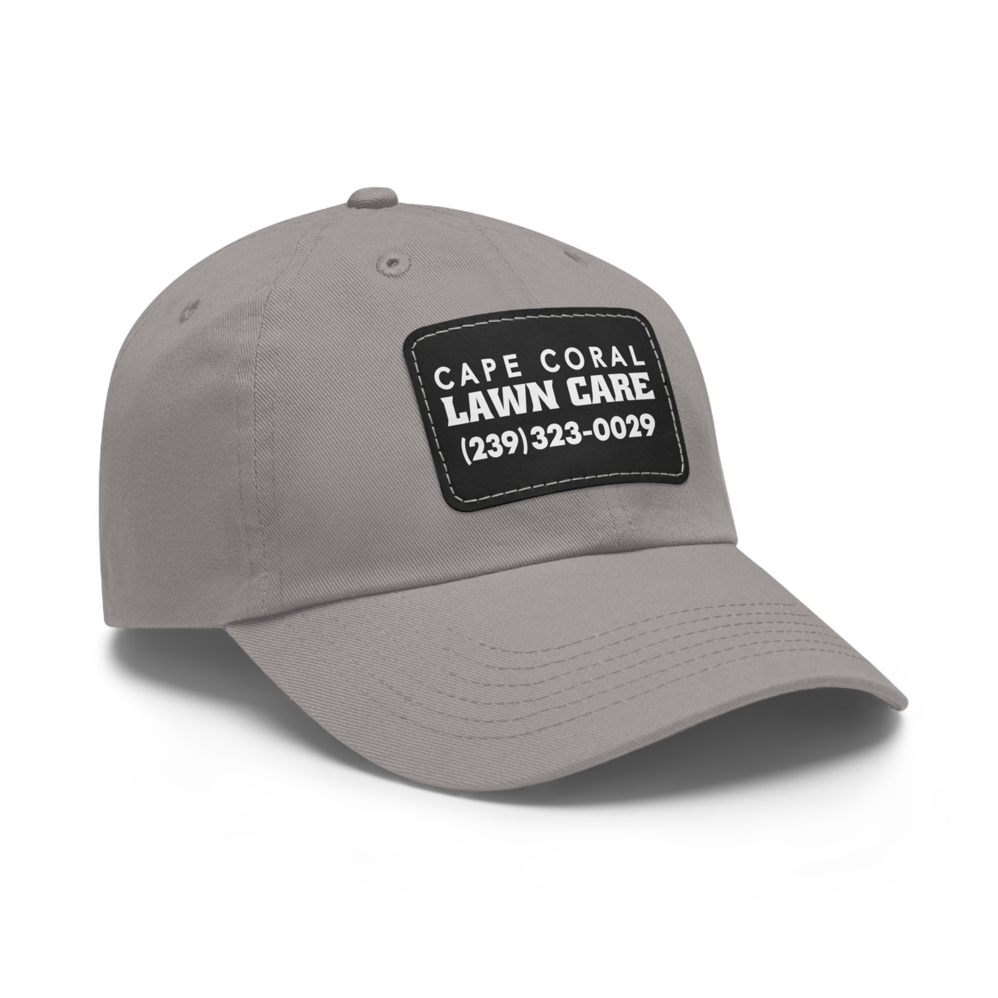 Cape Coral Lawn Care Logo Text White Dad Hat with Leather Patch (Rectangle) - Deez Teez