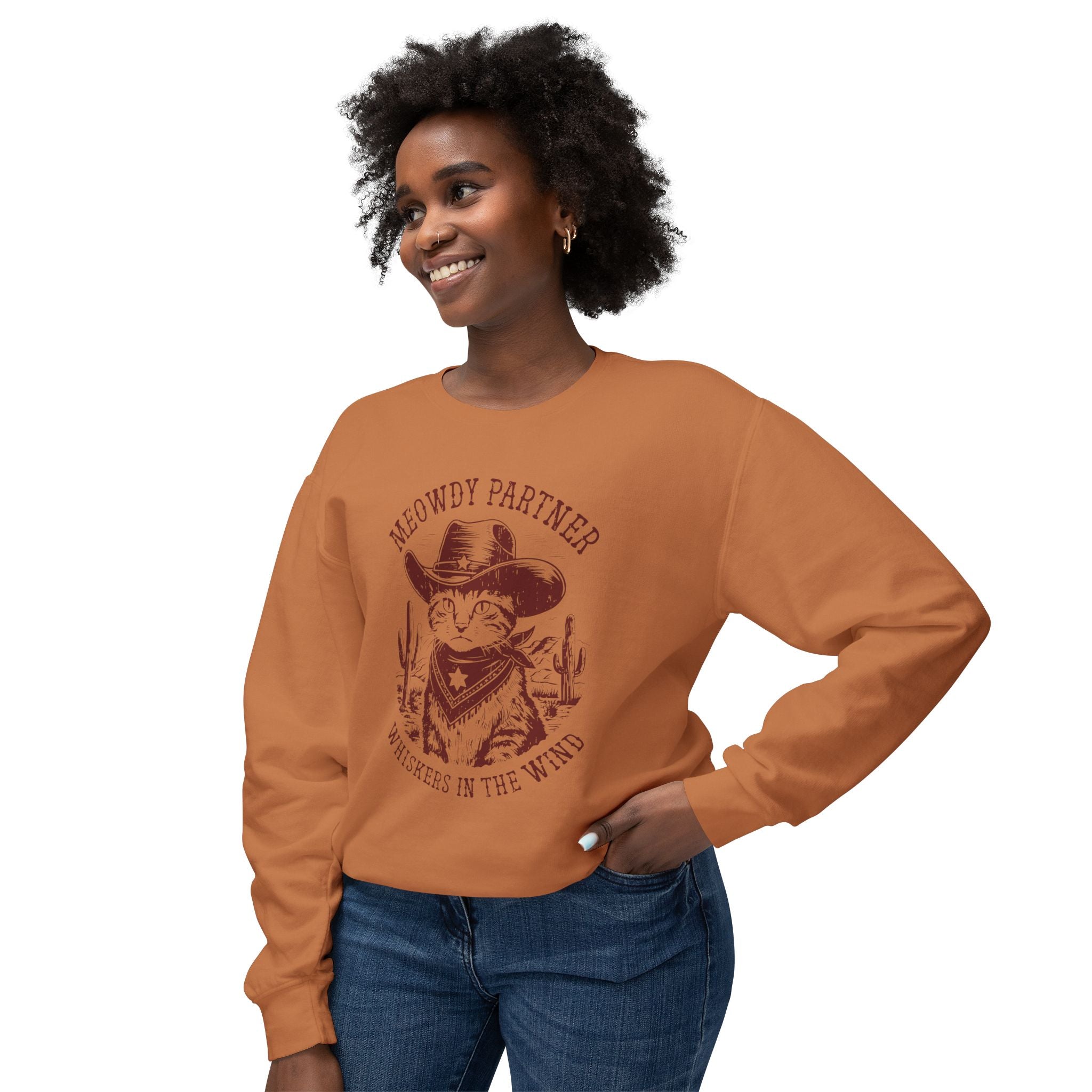 "Meowdy Partner - Whiskers in the Wind" Cowboy Western Theme Cat Lover Rodeo Design Sweatshirt - Deez Teez