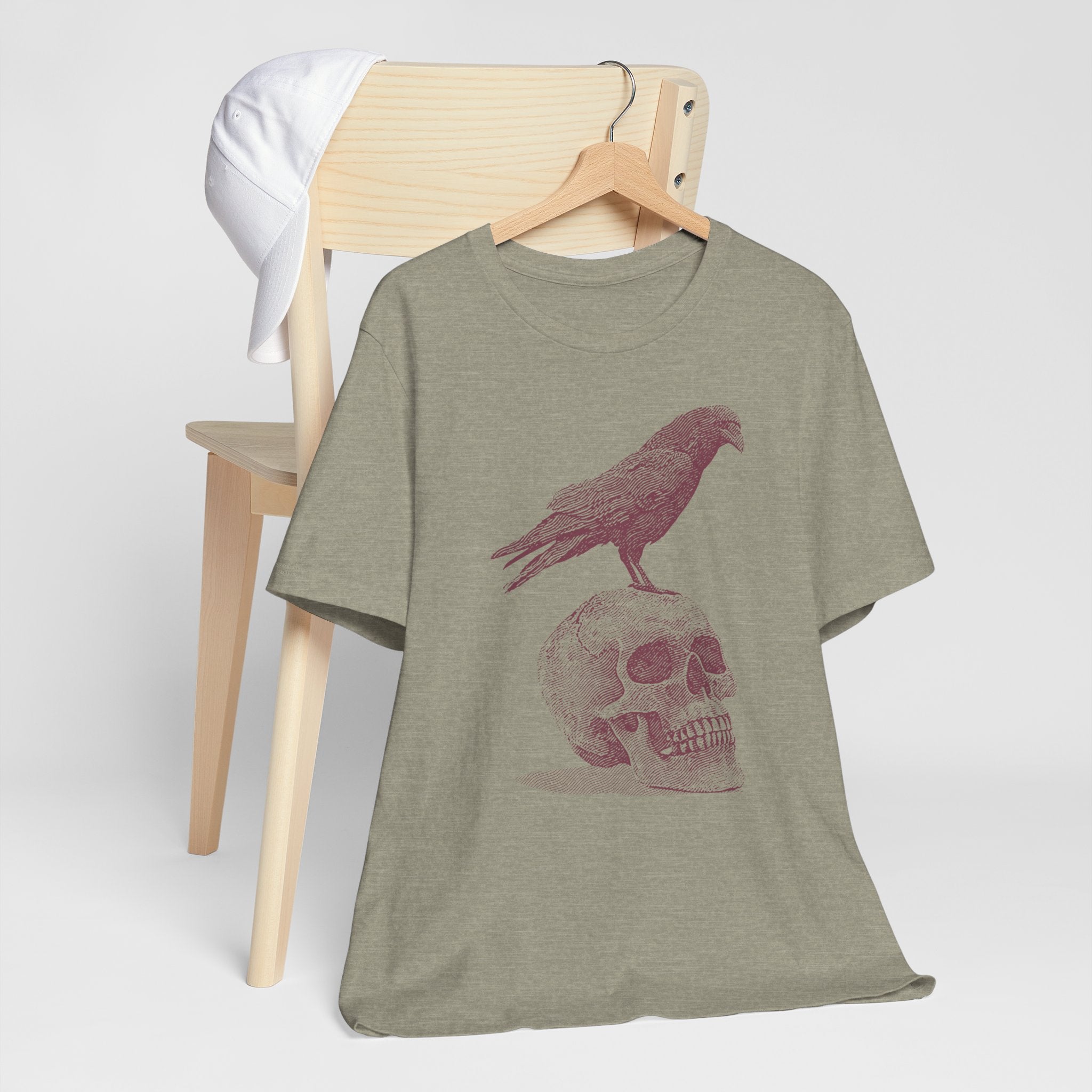 Crow on Skull Woodcut Design T-Shirt | Gothic Art Graphic Tee