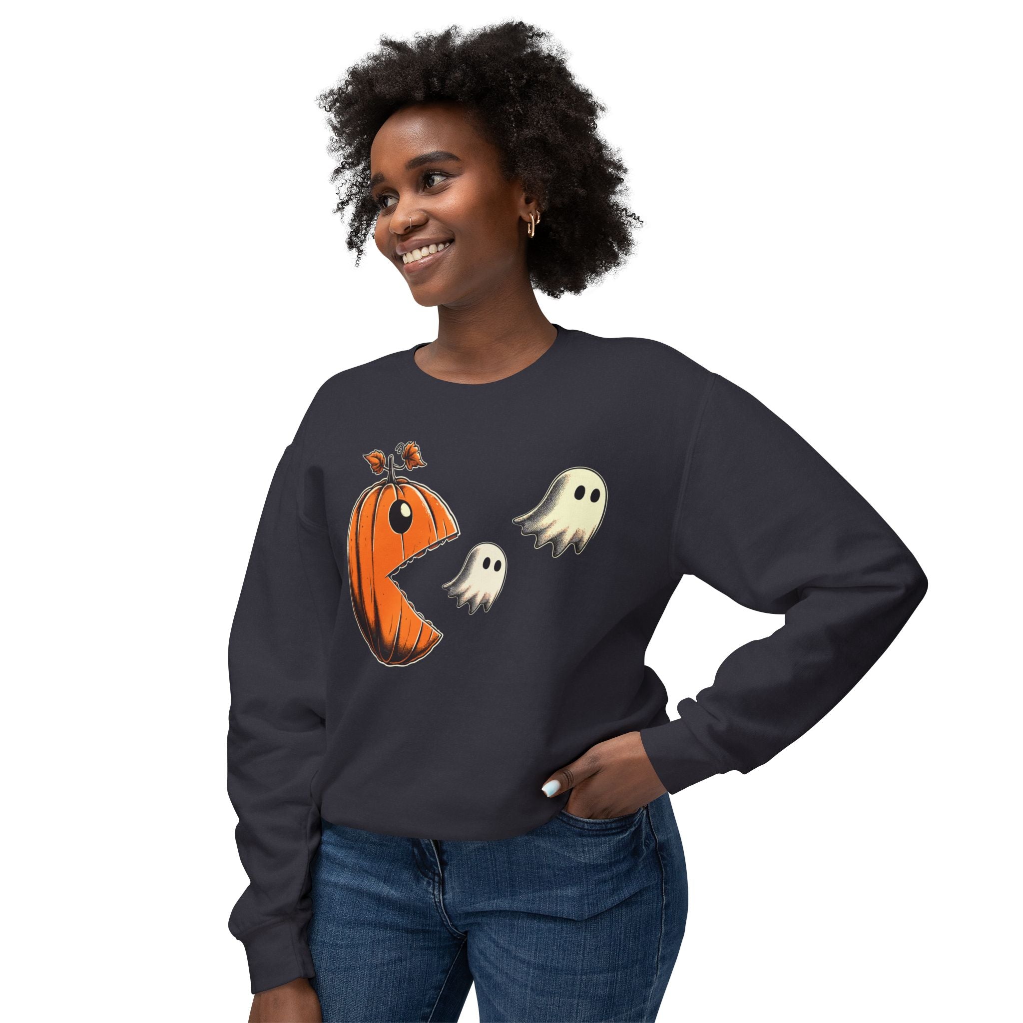 Pumpkin Pac-Man Chase Halloween Sweatshirt | Iconic Video Game Fall Fashion - Deez Teez