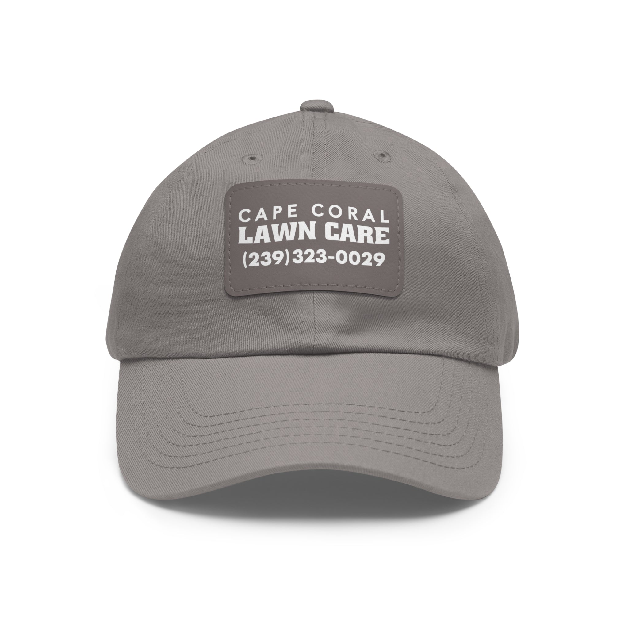 Cape Coral Lawn Care Logo Text White Dad Hat with Leather Patch (Rectangle) - Deez Teez