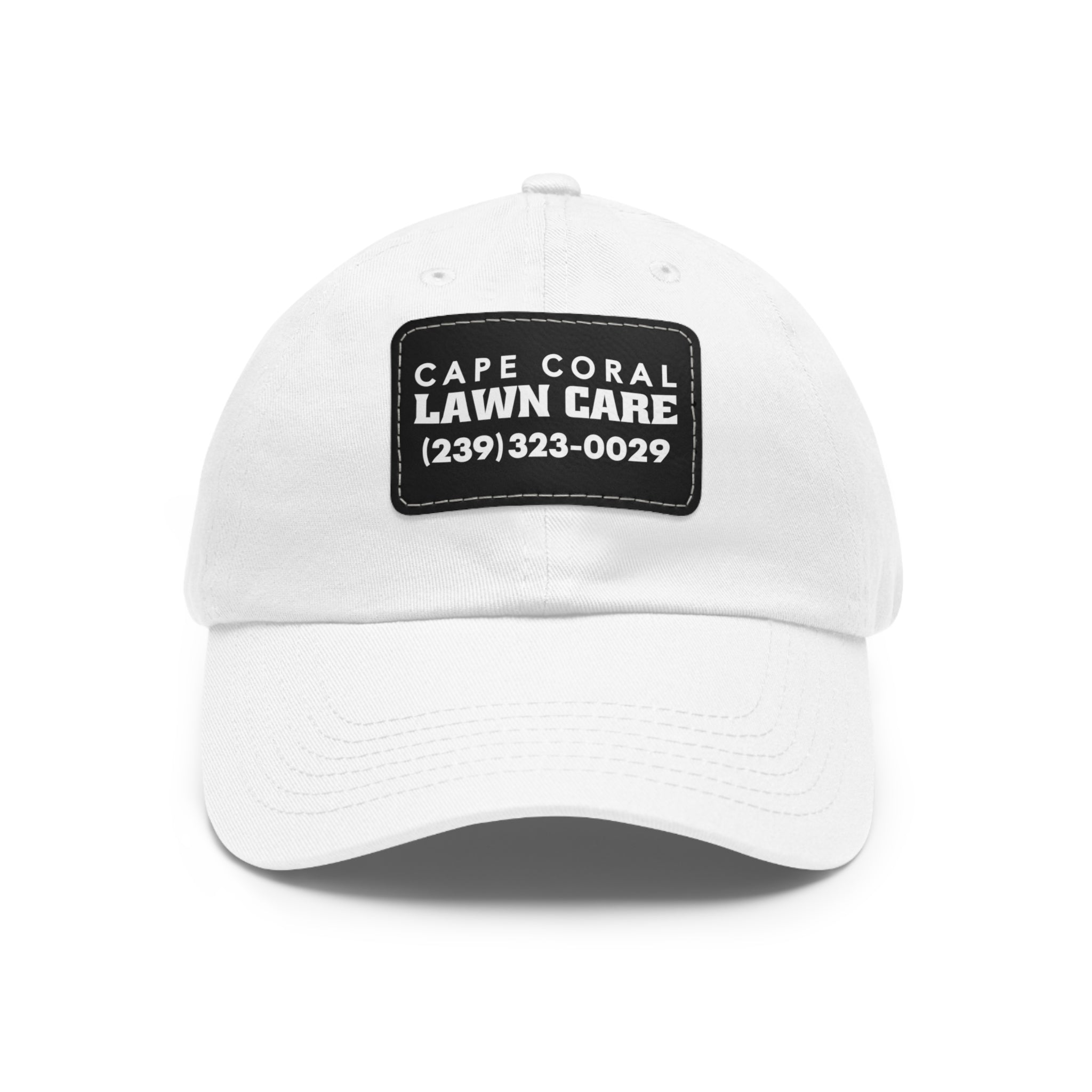 Cape Coral Lawn Care Logo Text White Dad Hat with Leather Patch (Rectangle) - Deez Teez