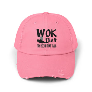 'Wok Tuah' Distressed Baseball Cap | Hawk Tuah Pun Food Meme Design - Deez Teez