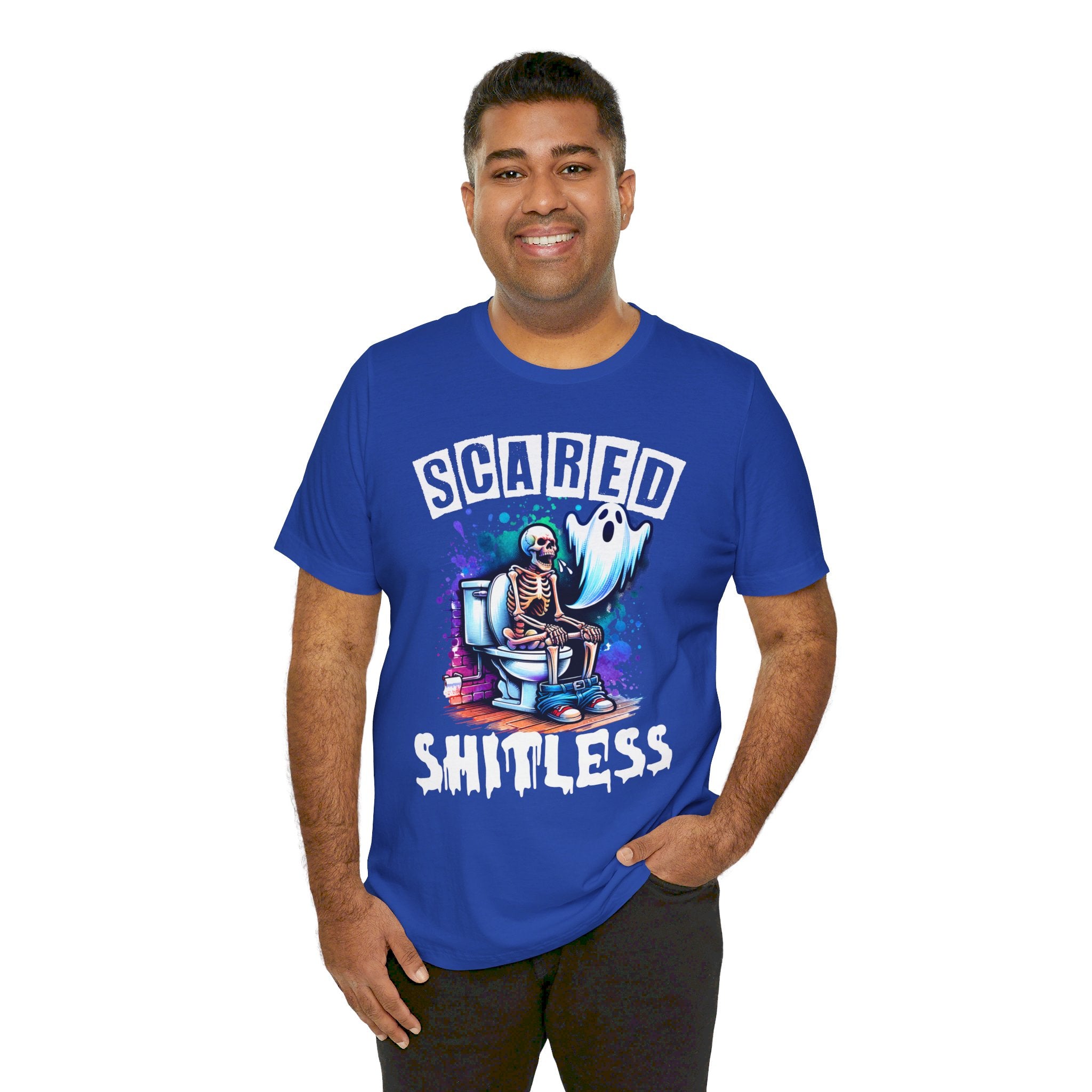 Scared Shitless Tee | Skeleton On the Toilet | Dad Humor Pun T-Shirt - Deez Teez