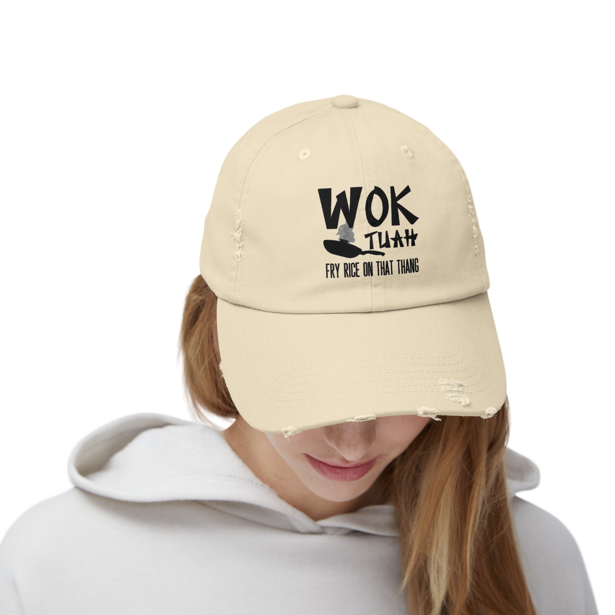 'Wok Tuah' Distressed Baseball Cap | Hawk Tuah Pun Food Meme Design - Deez Teez