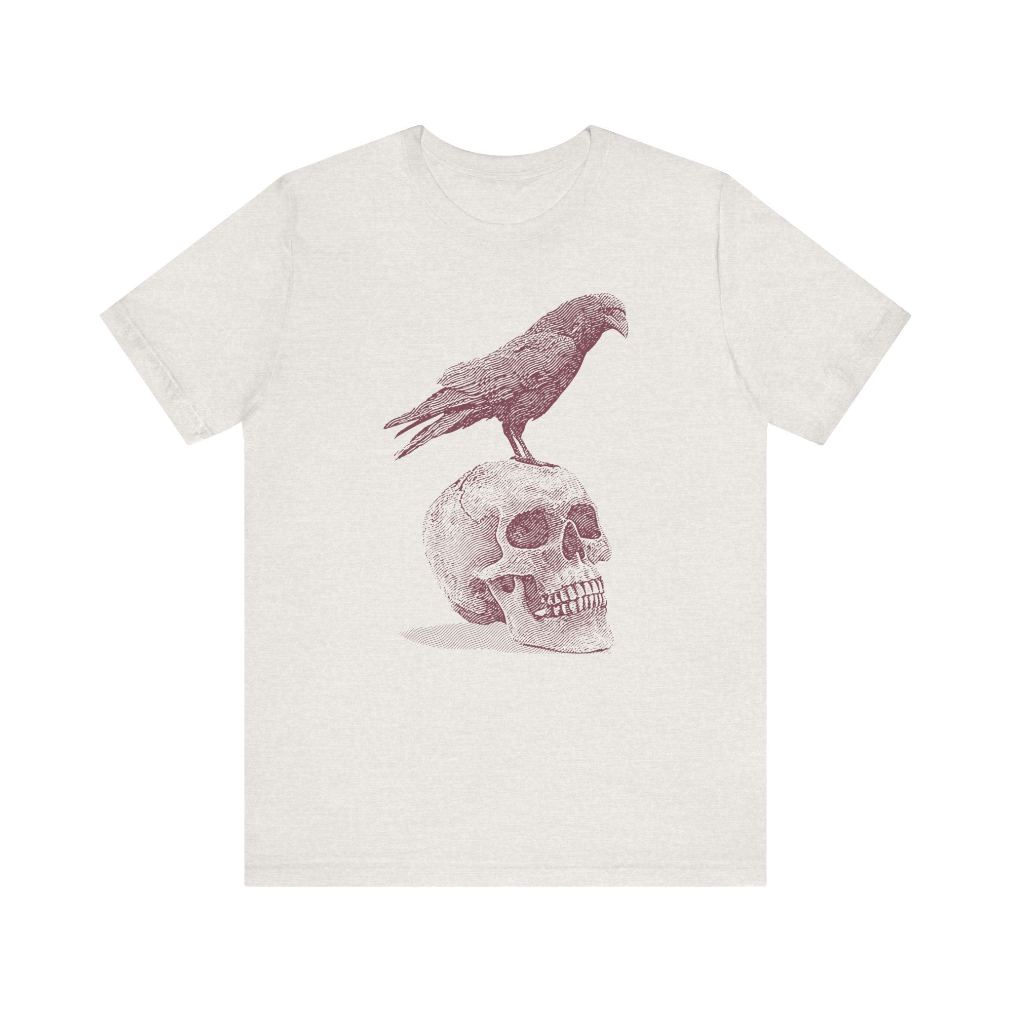 Crow on Skull Woodcut Design T-Shirt | Gothic Art Graphic Tee