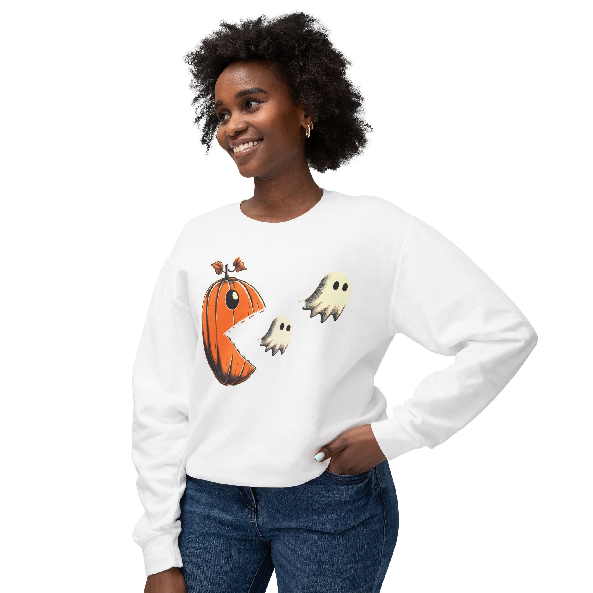 Pumpkin Pac-Man Chase Halloween Sweatshirt | Iconic Video Game Fall Fashion - Deez Teez